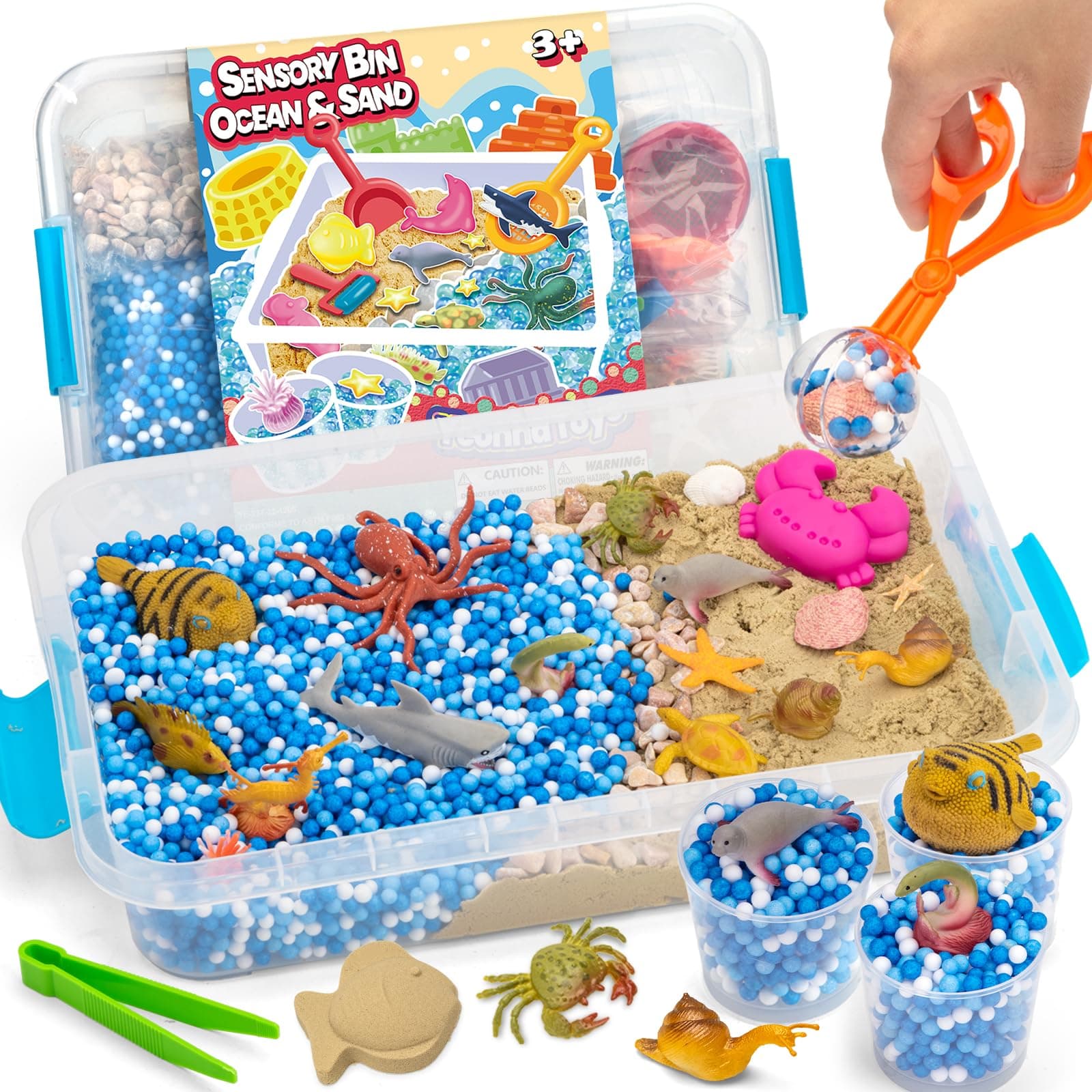Ocean&Sand Sensory Bin with Lid, 42 Pcs Sensory Sand Kit with Sea Animals for Kids, Birthday Christmas Gifts for Boys Girls, Preschool Learning Activities Tools Box, Outdoor Sandbox Toys for Toddlers