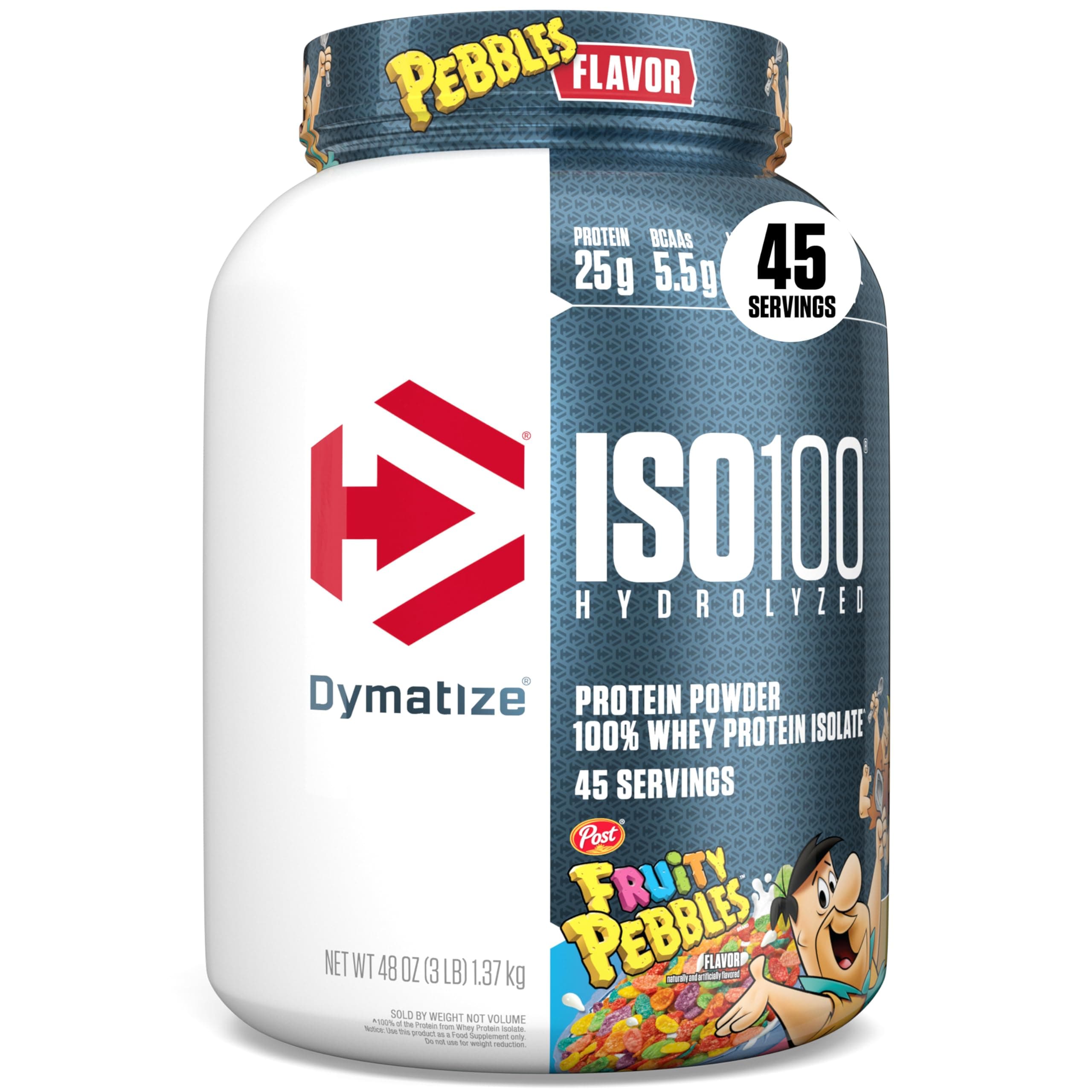 Dymatize x Fruity Pebbles ISO100 Whey Protein Powder Isolate, 25g of Protein, 5.5g BCAAs, 120 Cal., Gluten Free, 1g Fat, 1g Sugar, 2g Carb (45 Servings)