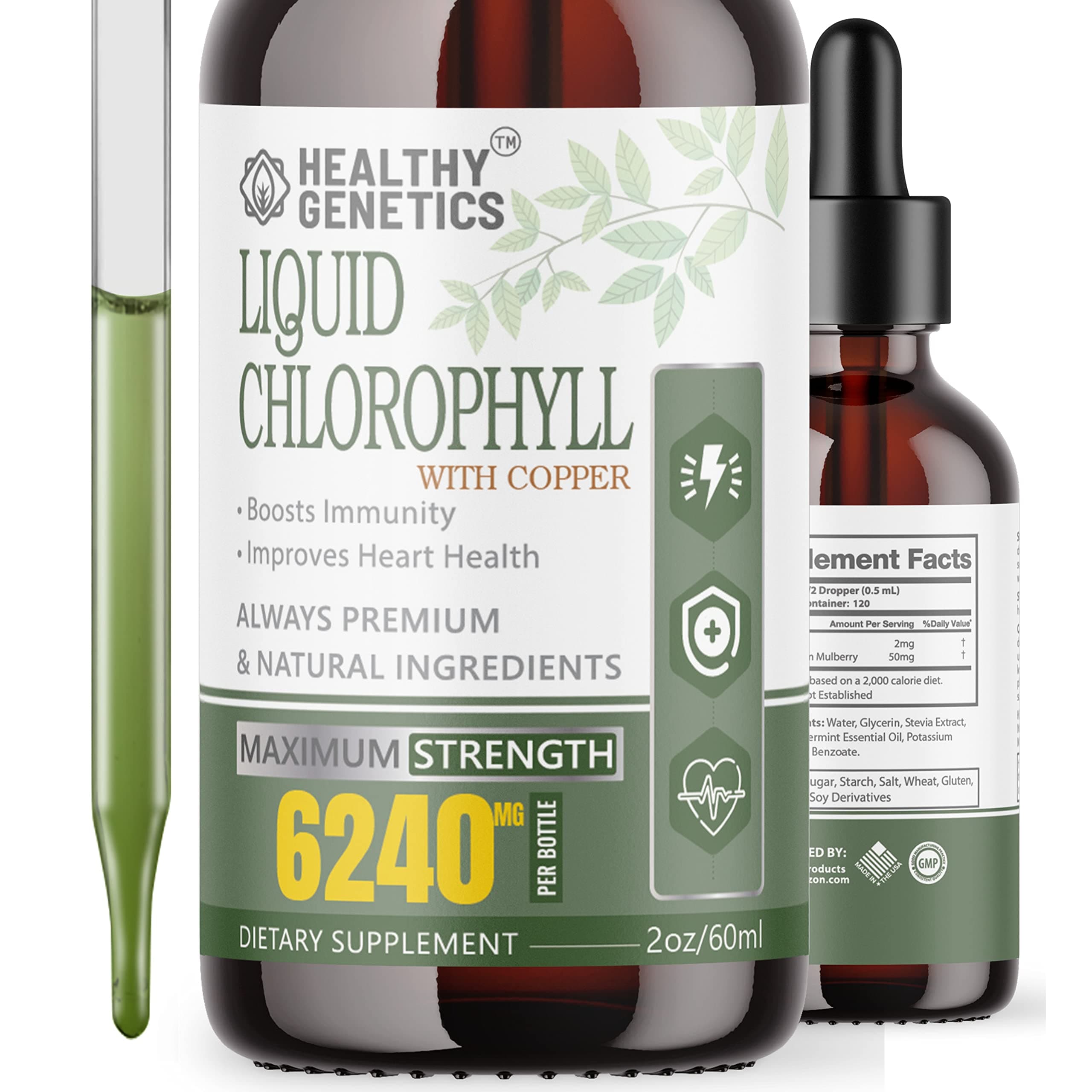 Chlorophyll Liquid Drops Organic MAX Strength 6240mg Mulberry Leaf w/Copper - Heart, Digestive, Immune, Internal Deodorant 2oz