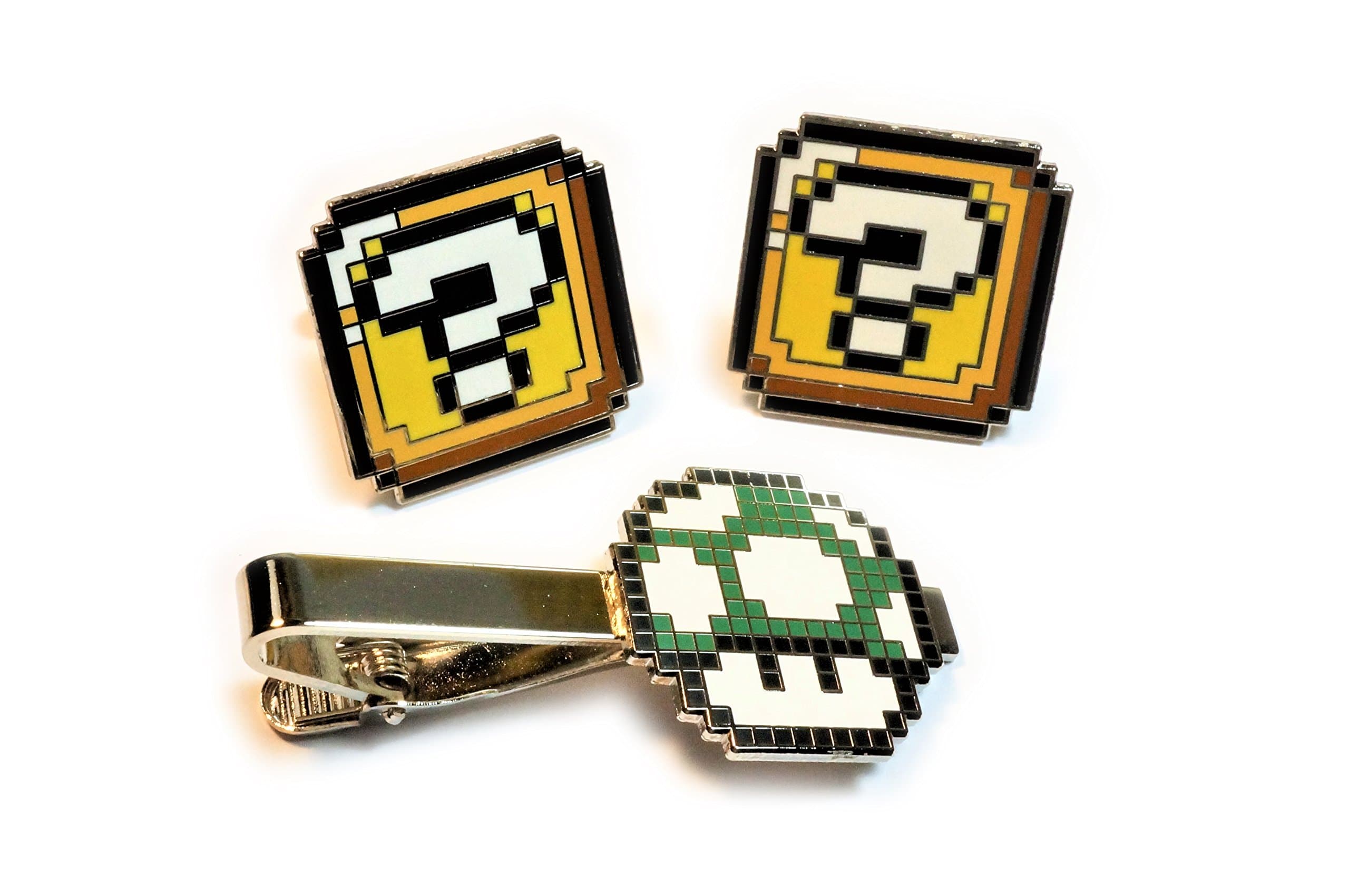 Super Mario World ? QUESTION BLOCK BOX Cufflinks Cuff Links Pixel SNES Suit Wedding GREEN MUSHROOM Tie Bar Clip Set