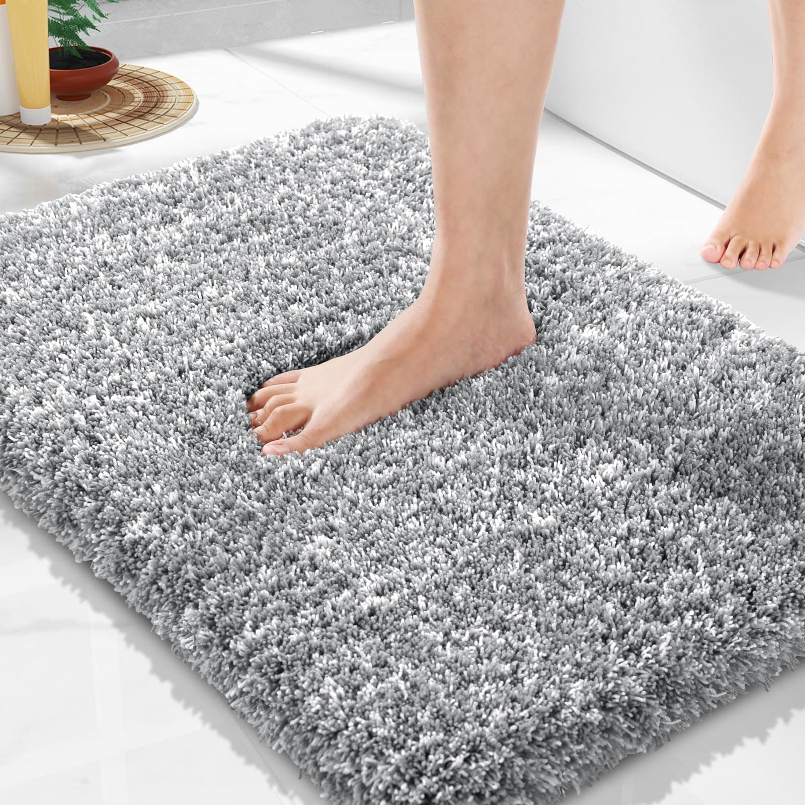 Yimobra Plush Thick and Soft Cut Pile Bathroom Mats, Super Shaggy Comfortable Quick Water Absorbing Non Slip Bath Rugs, Ultra Plush Thick with Machine Washable Bath Mat Light Gray