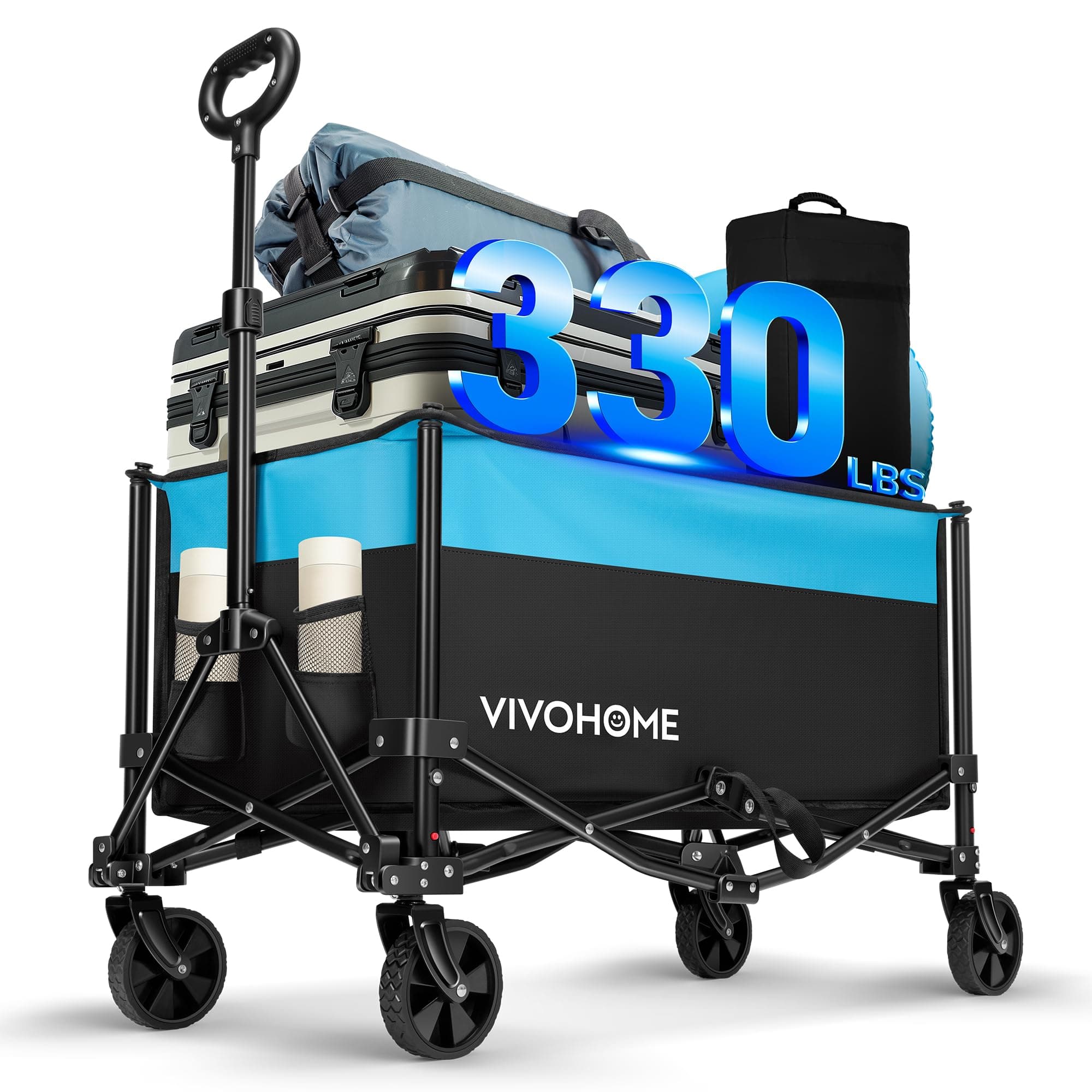 Collapsible Wagon Carts, 330lbs 170L Utility Heavy Duty Foldable Wagons with Universal Wheels, Cup Holders & Side Pocket, Adjustable Handle, for Camping, Garden, Sports, Picnic, Shopping