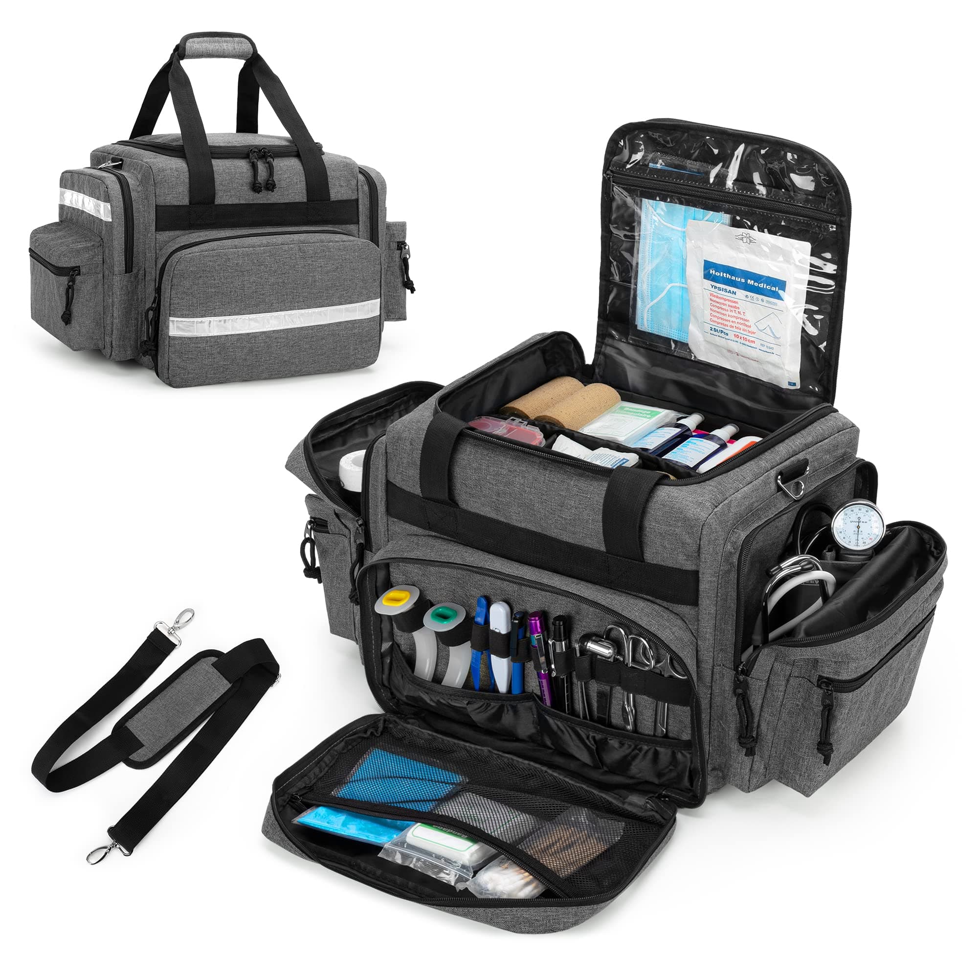 Emergency Medical Trauma Bag - Large Professional First Responder Bag with Multiple Pockets for Medical Supplies, Gray