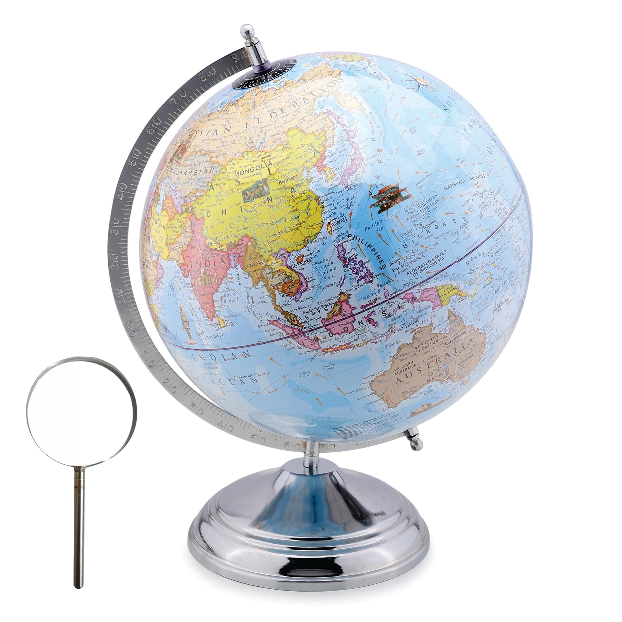 GLOBEDADDY 12 Inch Globe with Heavy Metal Base & Magnifying Glass for Kids Learning, Office Table, Student's Study & Kid's Birthday Gift