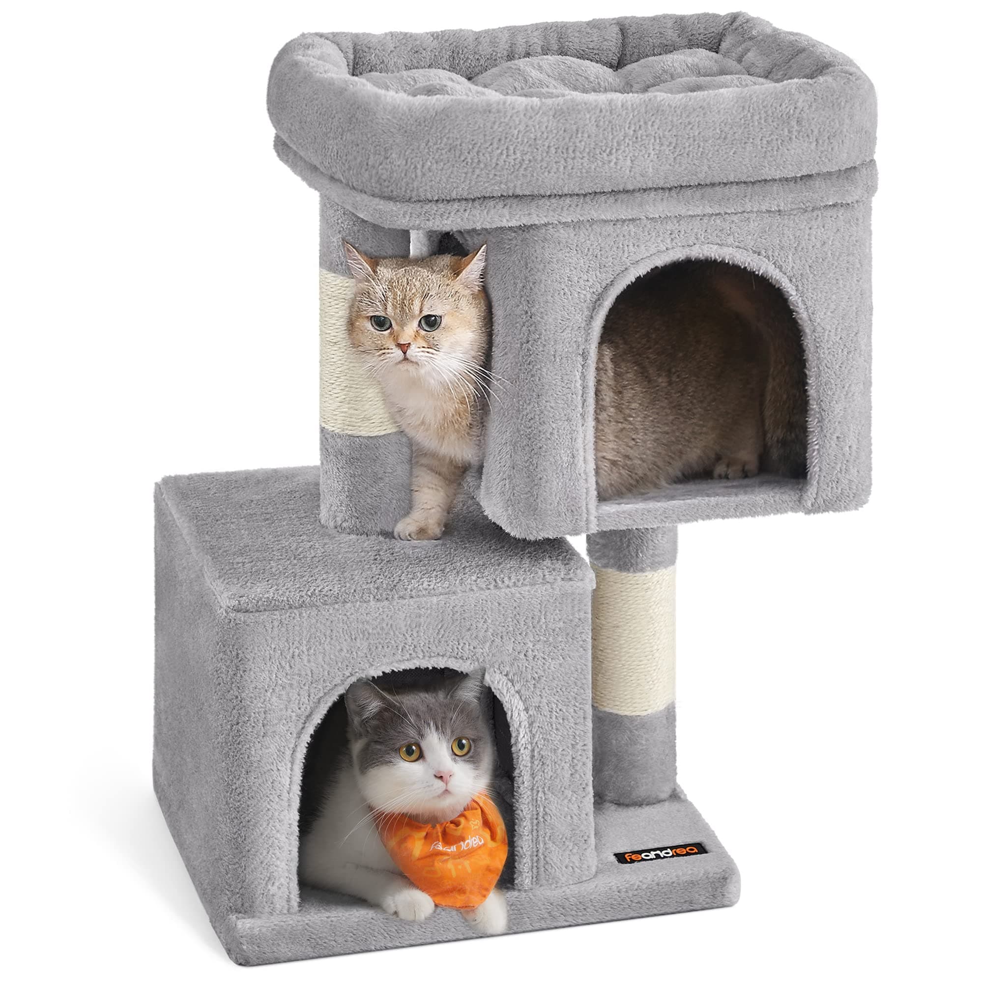 Feandrea Cat Tree, 26.4-Inch Cat Tower, Plush Condo for Kittens up to 7 lb, Large Perch, 2 Caves, Scratching Post, Light Gray UPCT611W01