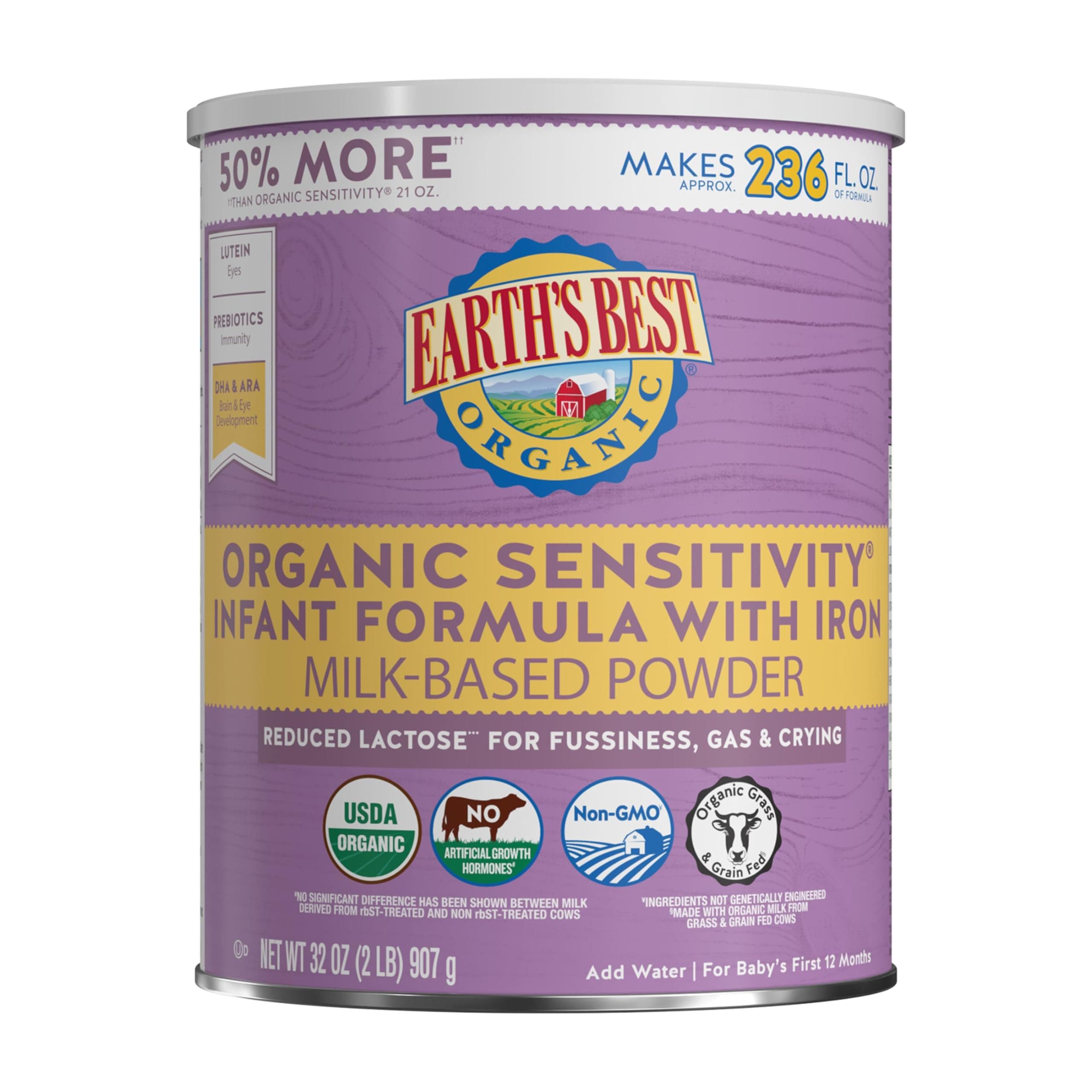 Earth's Best Organic Sensitivity Infant Formula for Babies 0-12 Months, Reduced Lactose Powder Formula with Iron, Omega-3 DHA, and Omega-6 ARA, 32 Ounce Value Container