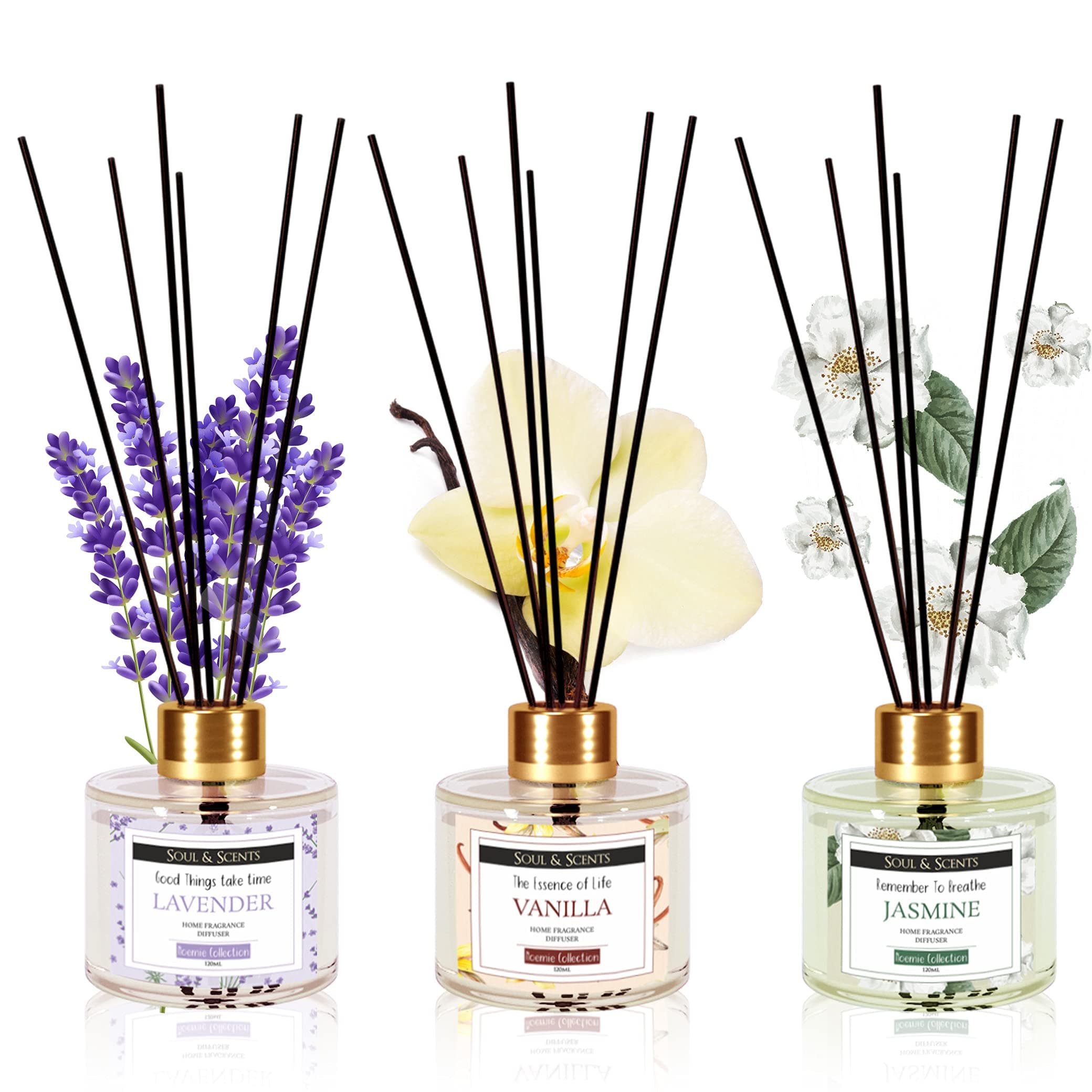 Soul & Scents Lavender, Vanilla & Jasmine Reed Diffuser Set - 120ml with 6 Fiber Sticks Each | Stress Relief & Aromatherapy | Scented Air Freshener for Home, Bedroom, Bathroom & Office | Pack of 3