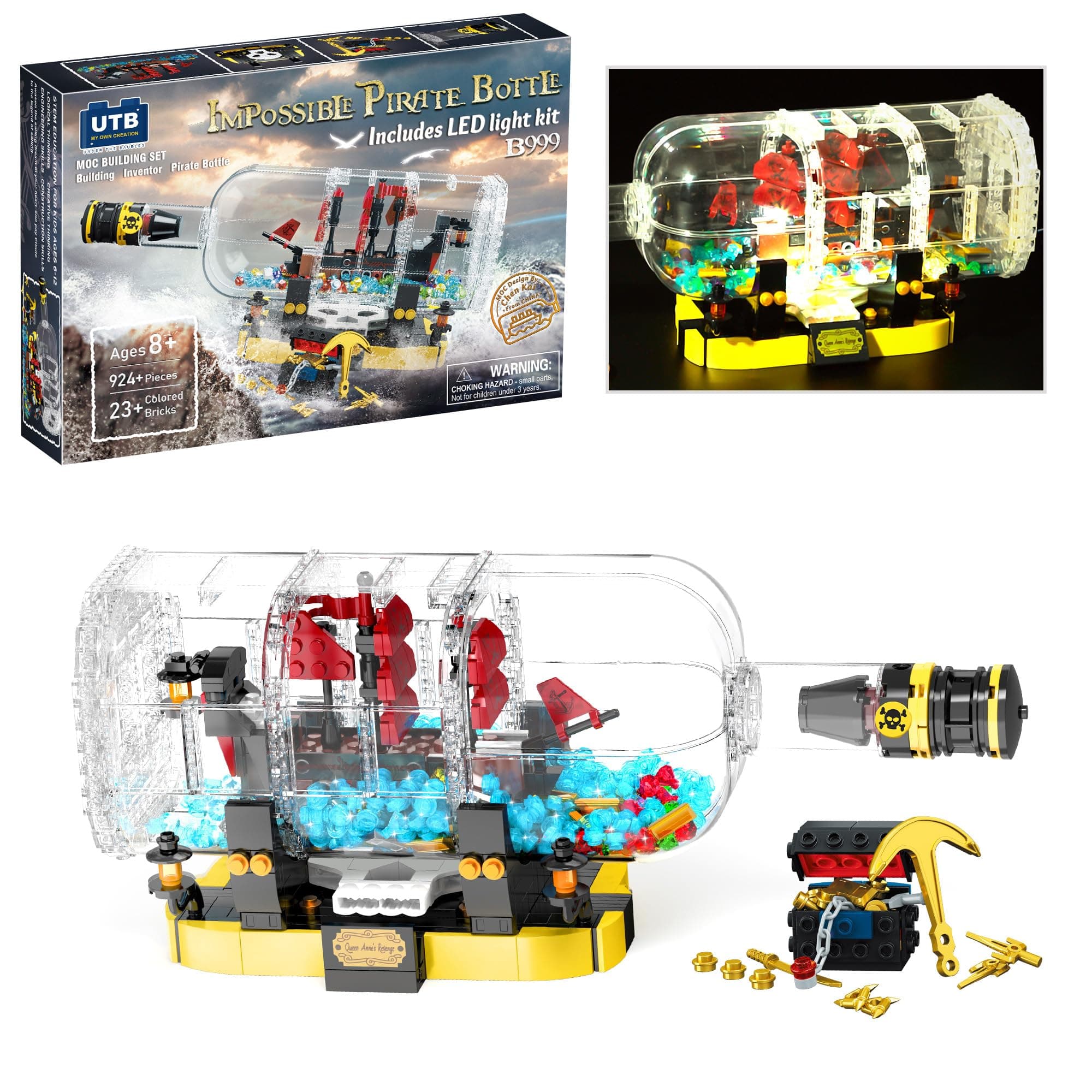 Under the Baubles Pirate Ship in a Bottle with LED Light Toy Building Sets for Adults (924 Pcs), Unique Home Decor, for Him Her Women, Men, Boys and Girls