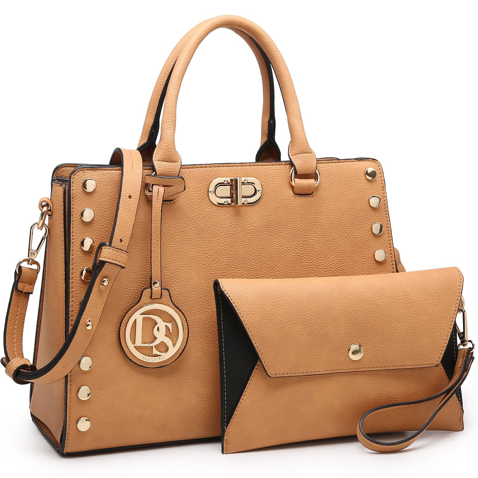 Women Medium Satchel Handbag Work Tote Shoulder Bag Top Handle Purse with Matching Clutch 2pcs Set