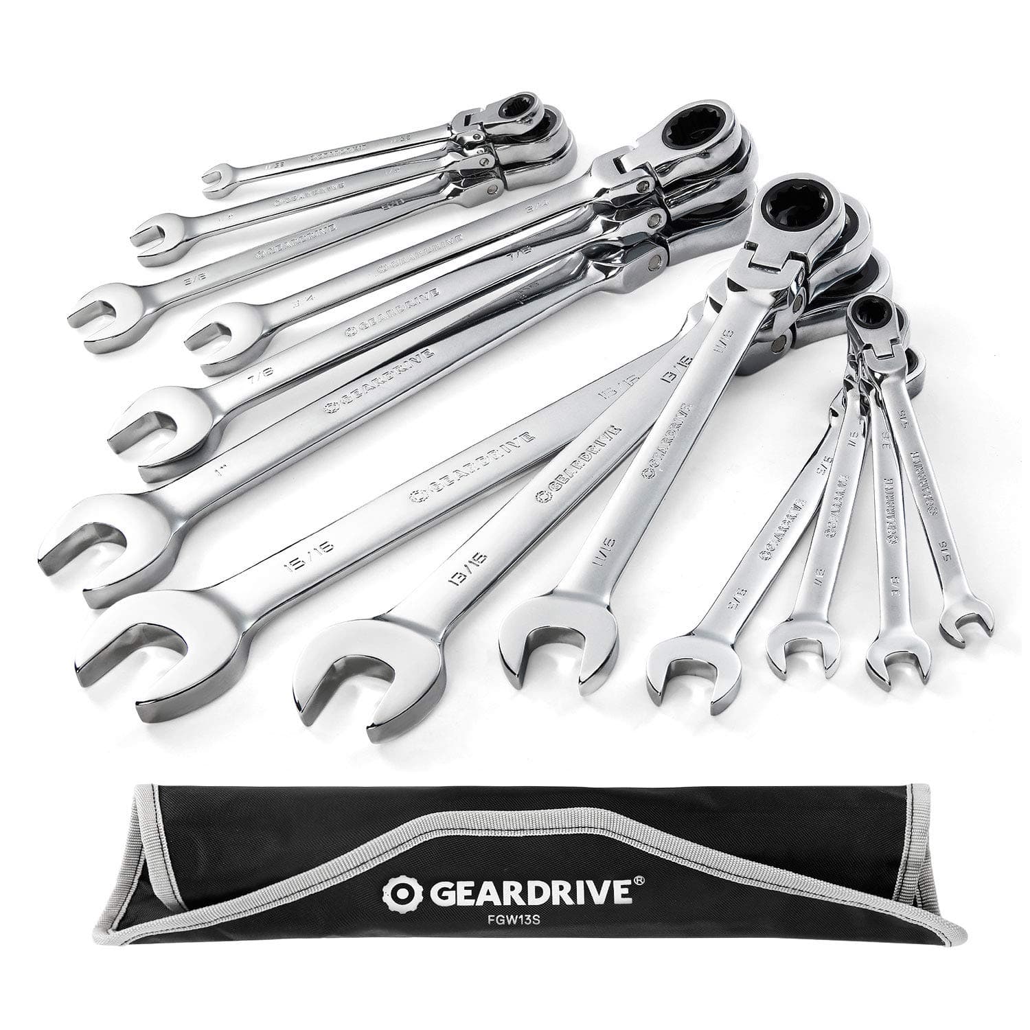 Flex-Head Ratcheting Combination Wrench Set, SAE, 13-piece, 5/16'' to 1'', Chrome Vanadium Steel Construction with Rolling Pouch