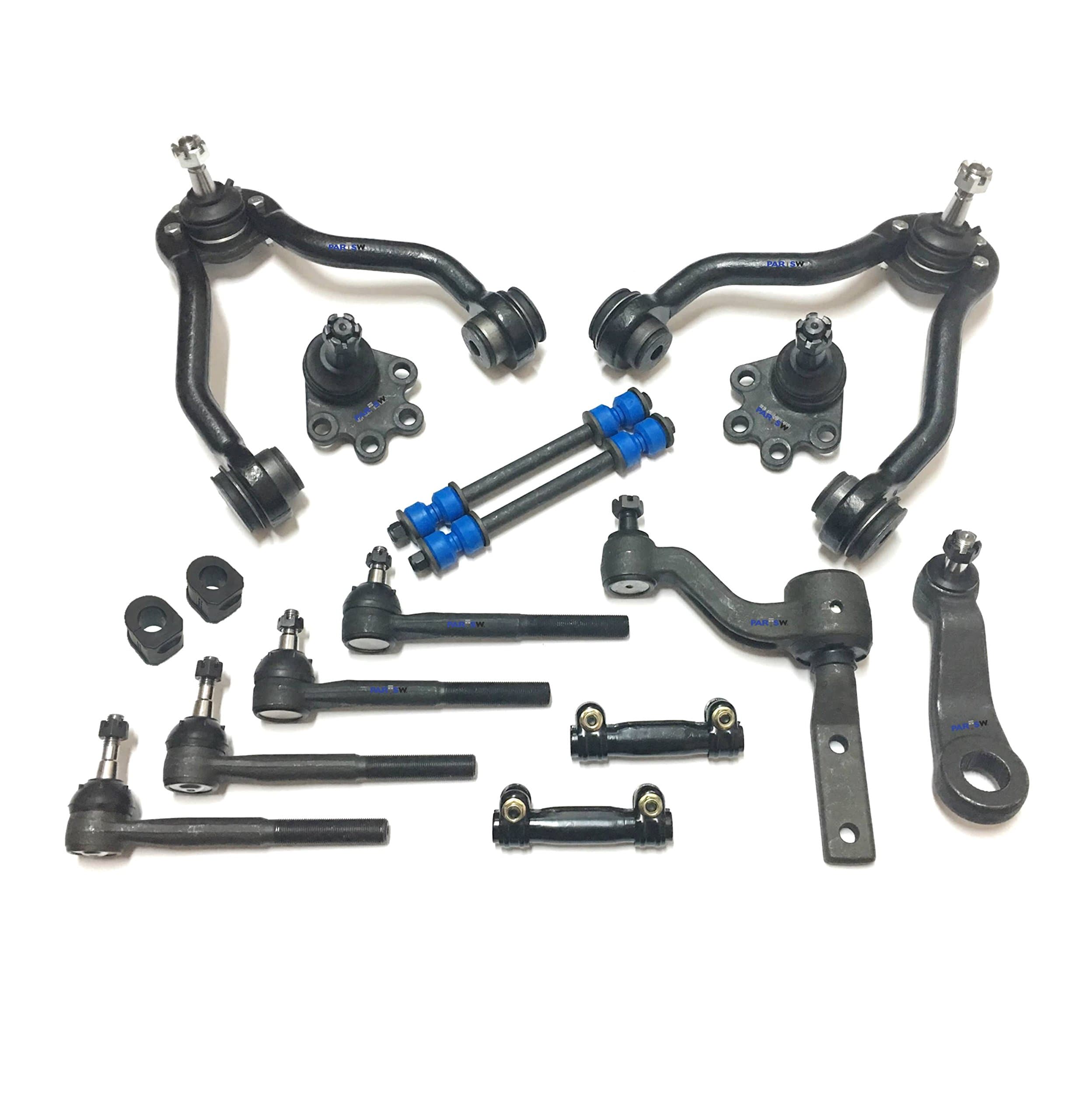 PartsW -16 Pc Complete Suspension Kit Adjusting Sleeves, Tie Rod Ends, Lower Ball Joints (Bolt On Types), Idler & Pitman Arms, Sway Bar End Links, Upper Control Arms