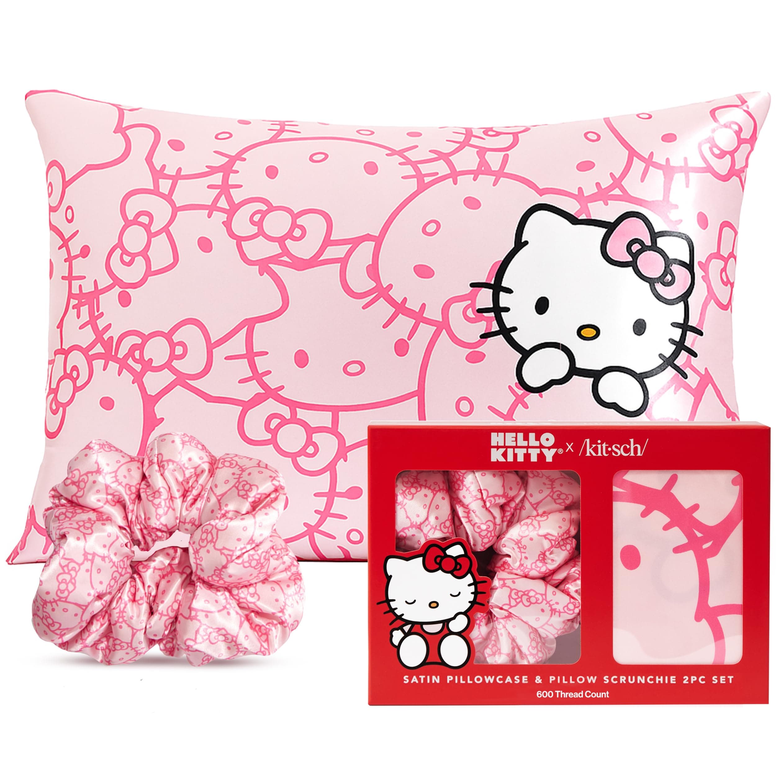 x Hello Kitty Satin Pillowcase with Zipper for Hair & Skin - Softer Than Silk Pillow Cases, Queen Size Smooth Cooling Satin Pillow Case 19x26 w/Satin Scrunchie Silk Hair Tie, Pink Kitty Faces