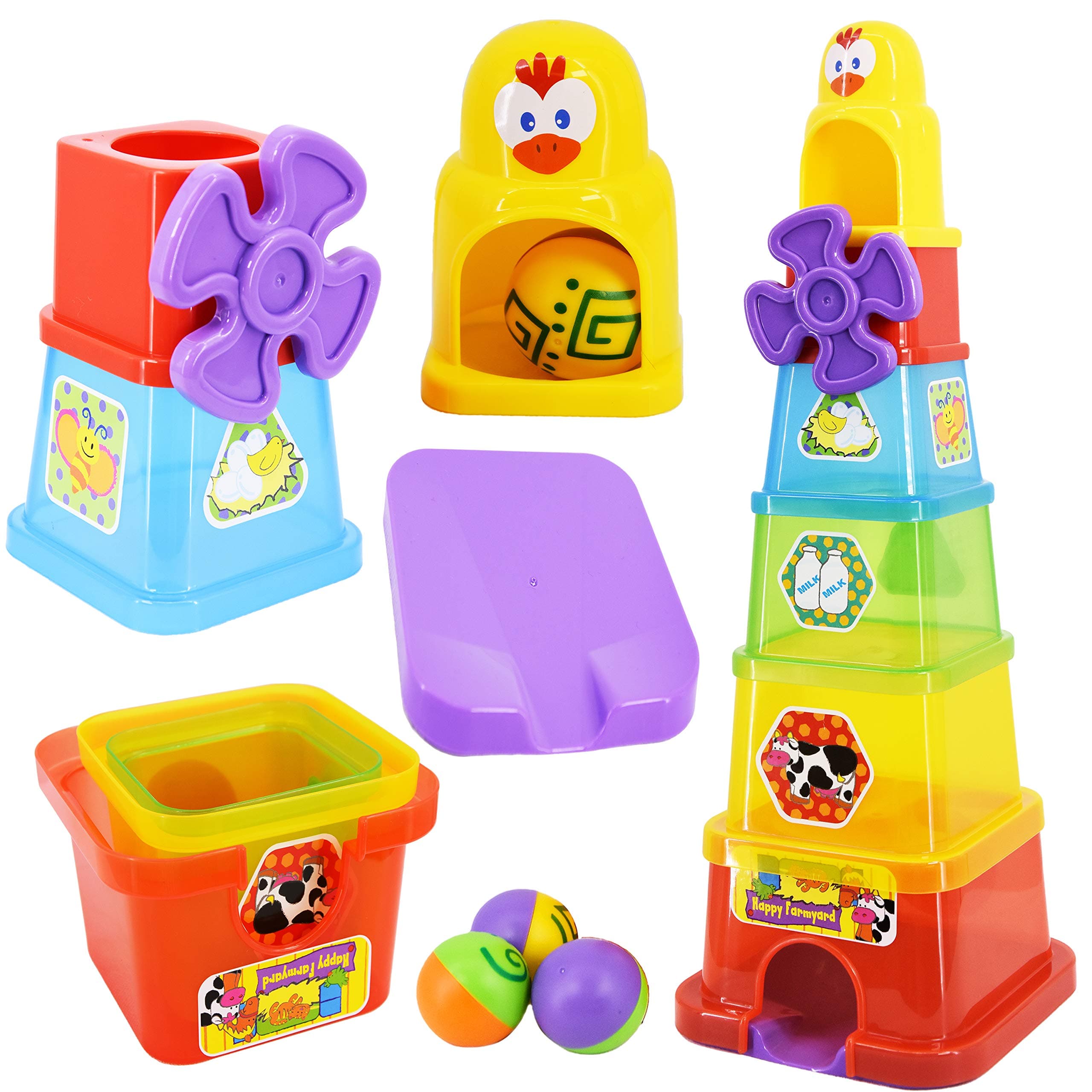 Baby Toddler Stacking Nesting Cups Blocks Happy Farmyard Spin & Drop Ball Tower Toy Activity Fun Time