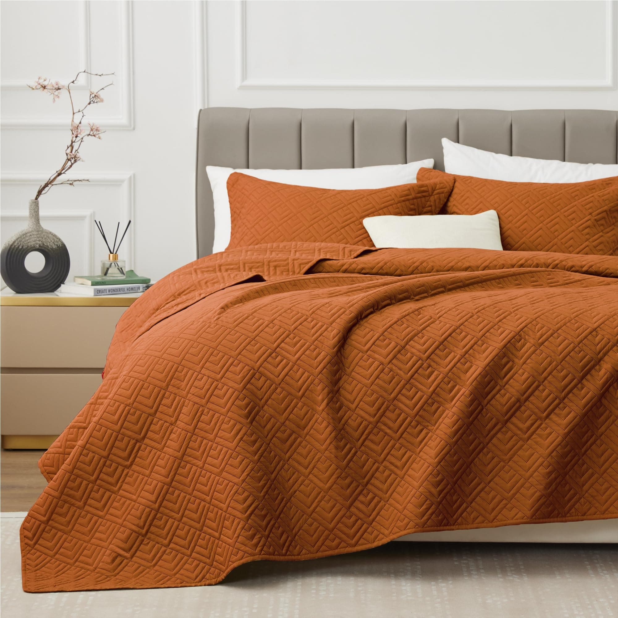 EXQ Home Quilt Set Full/Queen Size Umber 3 Piece,Lightweight Soft Coverlet Modern Style Squares Pattern Bedspread Set(1 Quilt,2 Pillow Shams)