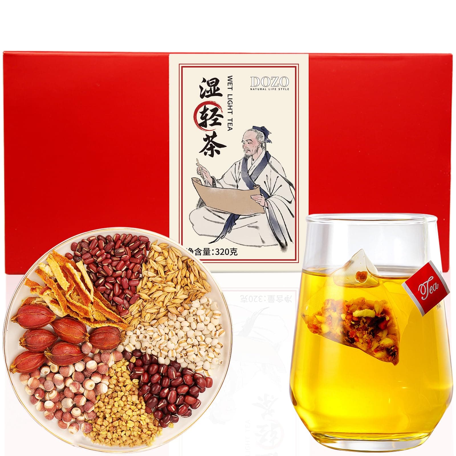 DOZO Shiqing Tea Dampness Clearing Herbal Tea Red Bean Coix Seed Tea Bags 11.25oz/320g(30pack) Dispelling Dampness Tea 红豆薏米茶 祛湿茶 去湿茶 湿清茶