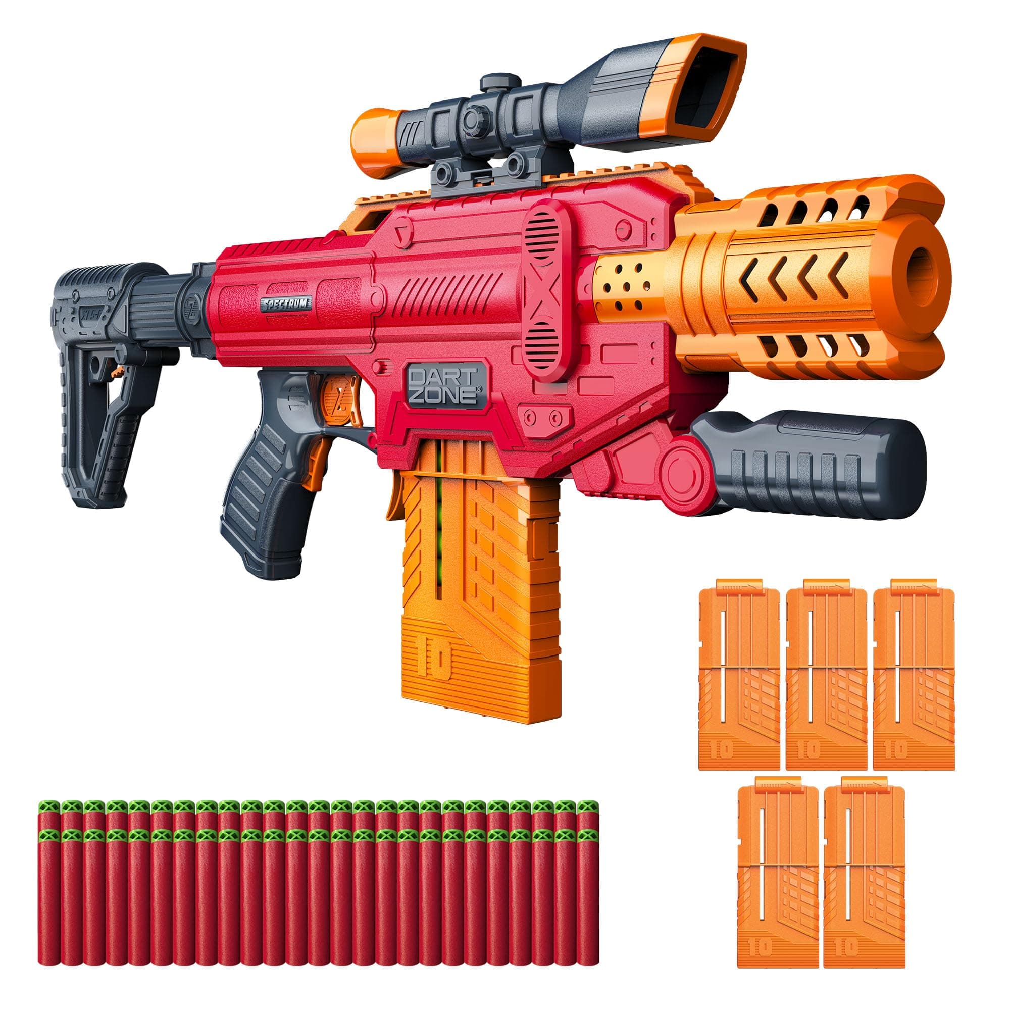 DART ZONE Spectrum Semi-Auto Foam Dart Blaster – NERF Dart Compatible Motorized Foam Dart Gun – Soft Bullet Toy Gun for Kids – 50 Darts & 5x10-Round Cartridges – AKA Adventure Force Gun – 80 ft Range
