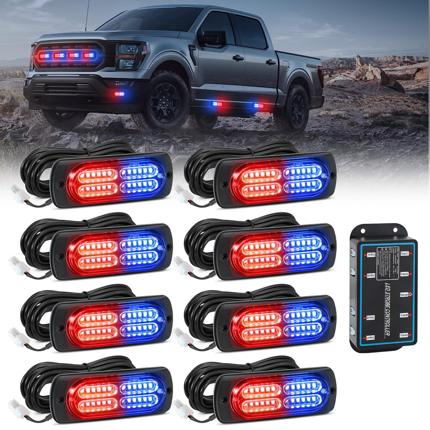 AnTom 8pcs Emergency Strobe Lights for Trucks, Sync Feature Vehicles Grille Surface Mount 24-LED Flashing Hazard Warning Light Kit with Controller and Wiring Harness, No additional wiring required