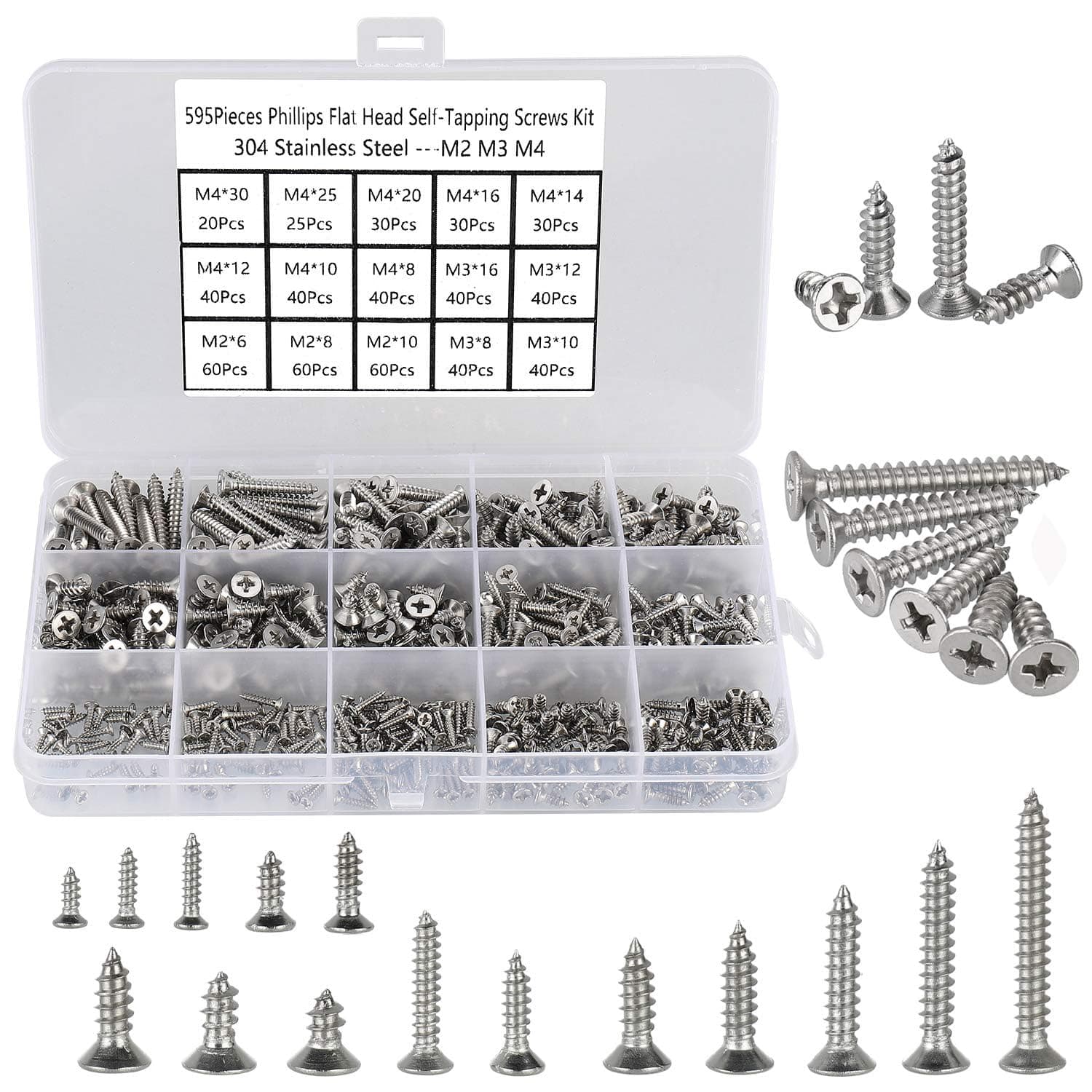 595Pcs Self Tapping Screws 304 Stainless Steel,M2 M3 M4 Small Wood Screws Assortment,Countersunk Head Self Drilling Screw,Flat Head Sheet Metal Screw Phillips Drive for DIY Wood Repairs.