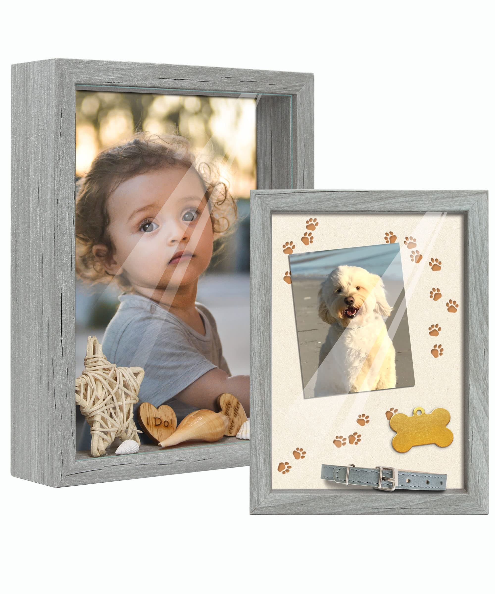Afuly Shadow Box Frame Grey 6x8 and 5x7 Wooden Deep Photo Frames Freestanding or Wall Hanging 3d box for Cards Tickets Baby Gifts, Set of 2