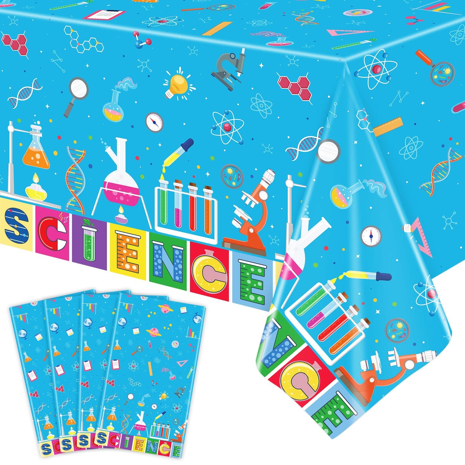 4 PCS Science Party Tablecloth Decorations Mad Scientist Theme Birthday Party Supplies Science Party Tablecloth Rectangular 51 x 86in Laboratory Table Covers for Science Lab Party Decor