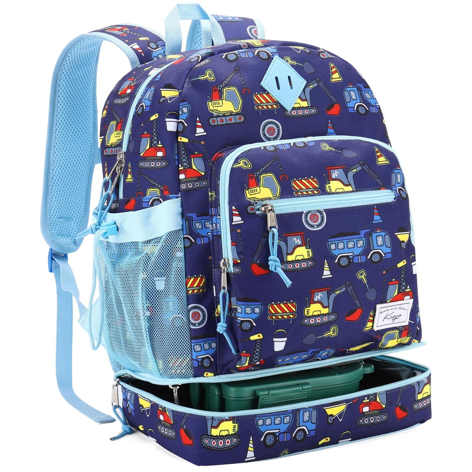 Kids School Backpack with Insulated Layer - 18L Large 2 in 1 Primary School Bags Set for Boys Ages 8-12, Fits A4 Folders, with Reflective Strip & Chest Strap Blue Vehicles