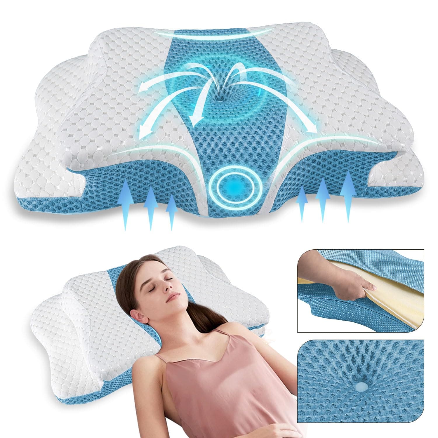 QIUBABYO Pain Relief Memory Foam Neck Support Pillow, Height Adjustable Ergonomic Pillow Cozy Sleeping, Odorless Contour Cervical Pillow, Orthopedic Bed Pillow for Side Back Stomach Sleeper