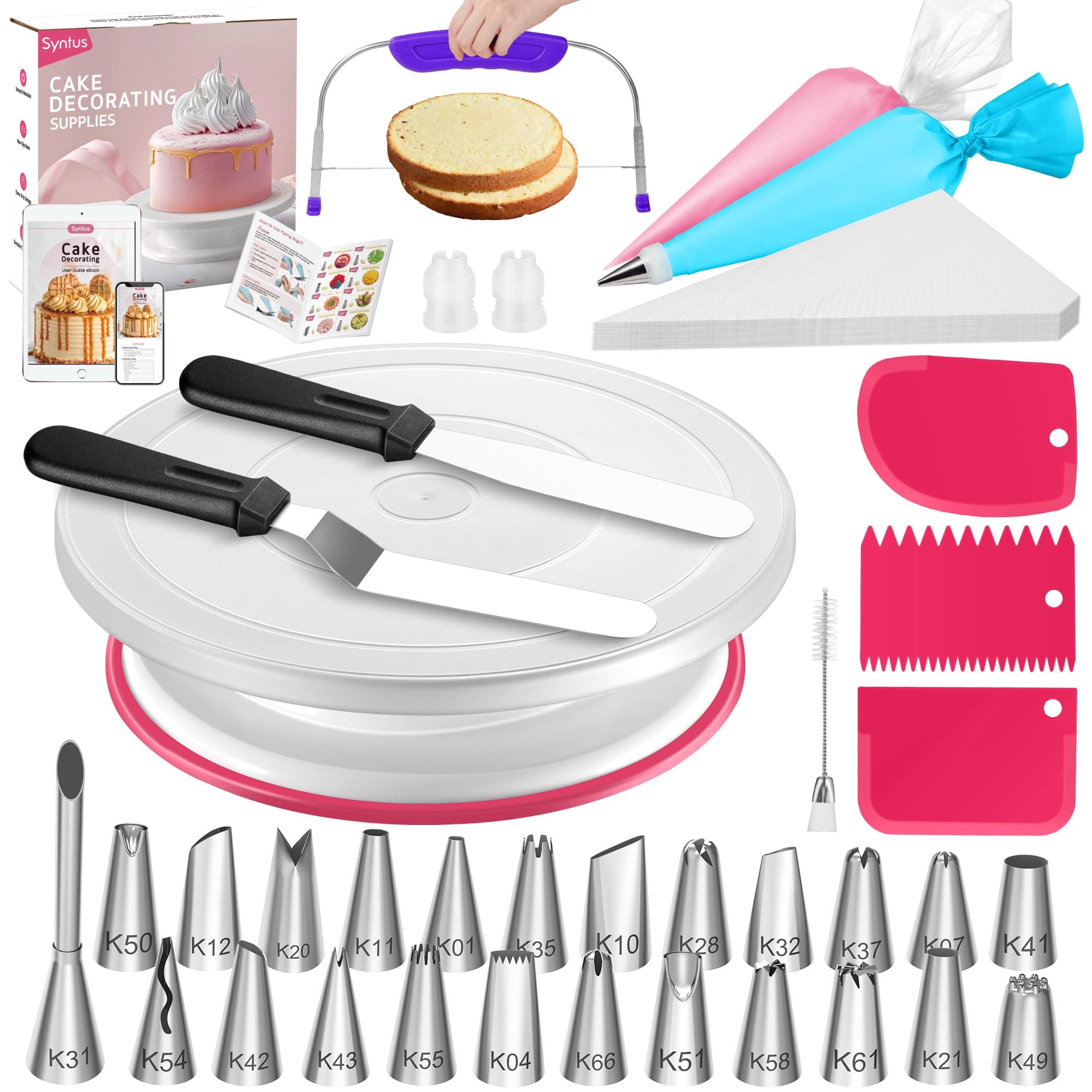 Syntus 65 PCs Cake Decorating Kit with Cake Stand Turntable, Cake Baking Supplies 30+1 Piping Bags, 24 Piping Tips, Offset & Straight Spatulas, 3 Scrapers, Leveler, 2 Couplers & 1 Tips Brush