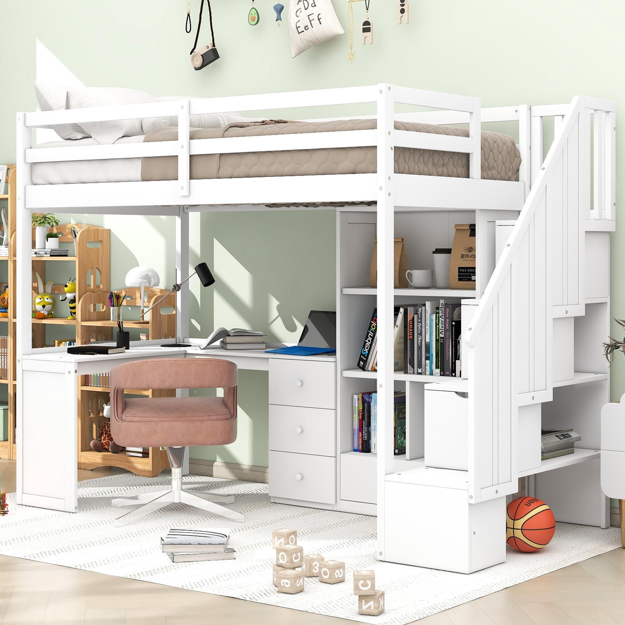 SOFTSEA Twin Size Loft Bed with Stairs and L-Shaped Desk, Wood Twin Loft Bed with Storage Drawers and Cabinet, Loft Bed with Steps and Guardrails for Kids Girls Boys, White
