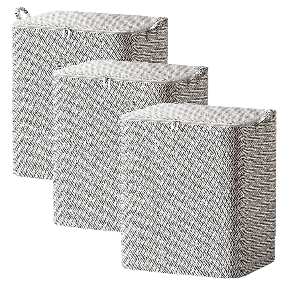 3 Pack Large Capacity Clothes Storage Bags with Zips, Portable Non Woven Closet Organizer Foldable Storage Containers for Comforters Blankets Bedding Wardrobe Storage (150L)