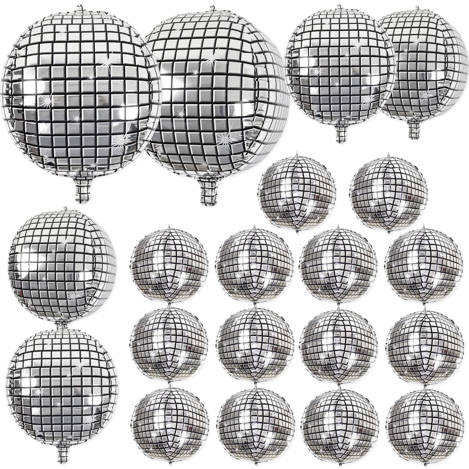 20Pcs Disco Ball Balloons Different Sizes- 4D Large Disco Balloons 32” 22” 10 Inch Assorted Round Metallic Silver Disco Mylar Balloons for 70s 80s Disco Themed Birthday New Year's Party Decor Supplies