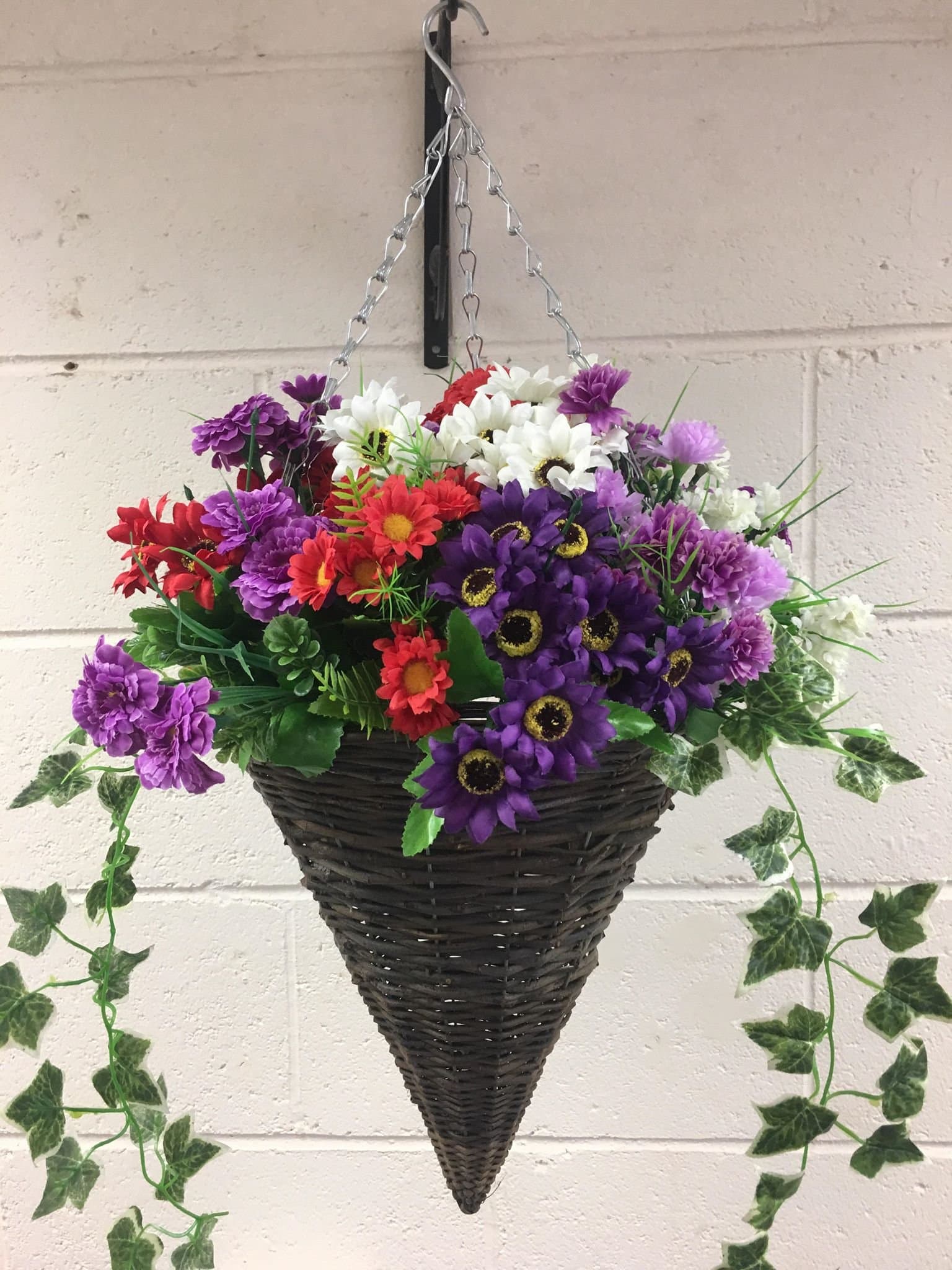 Round Wicker Artificial Flower Cone Hanging Basket - Red, Purple and White with trailing Ivy