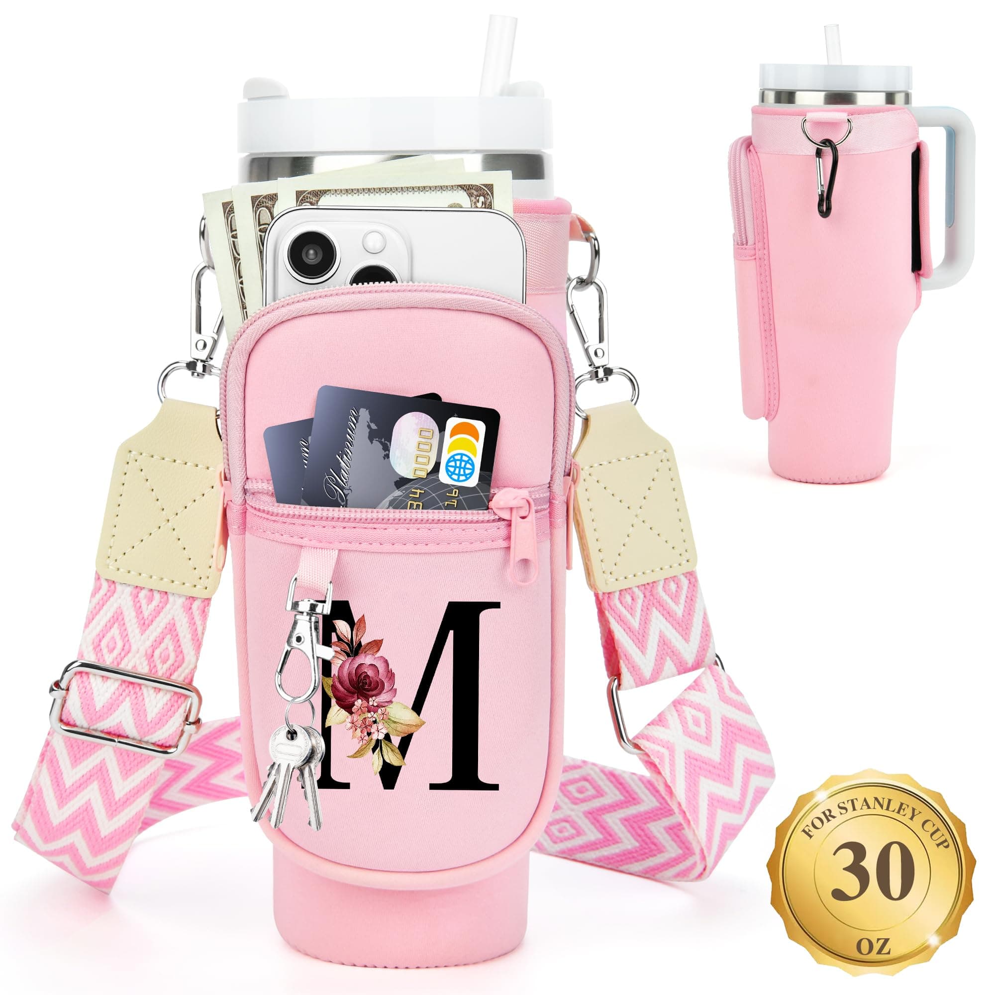 LOKASS Water Bottle Holder with Strap for Stanley Cup 30 oz Tumbler, Personalized Initial Stanley Cup Accessories 30oz, Stanley Cup Carrier Bag for Women, Men, Girls, for Mom