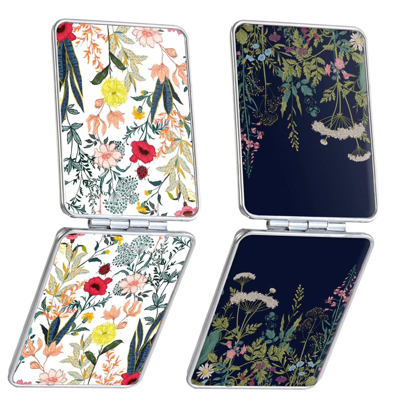 Pocket Mirror, Small Travel Mirror with Magnification, Portable Double-Sided Magnifying Cosmetic Mirror for Daily (White + Black Flowers)