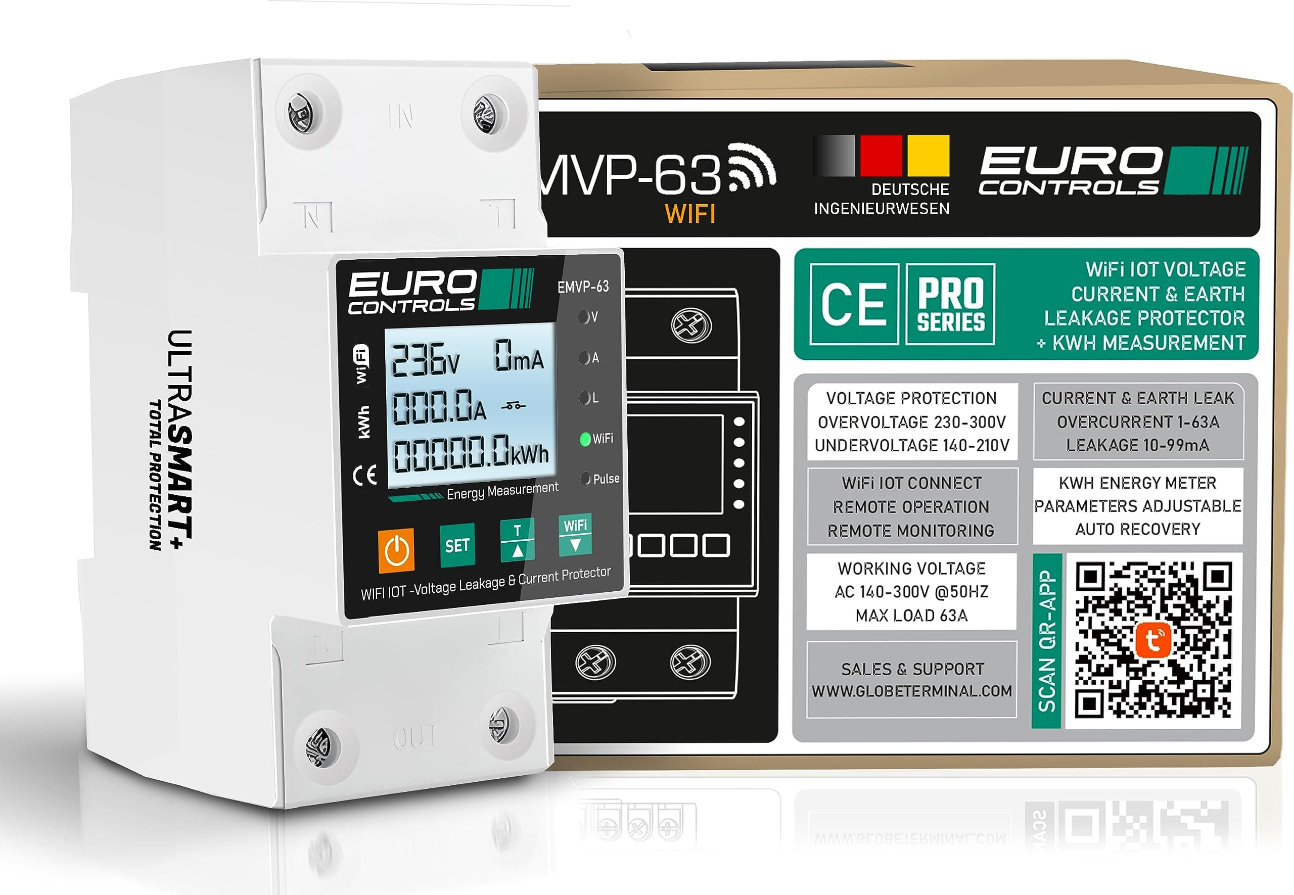 Euro EMVP63 63A WiFi IOT 4 in 1 Voltage Current & Leakage Protector with KwH App Based Energy Monitoring - Time Scheduling & Remote Control - volt amp kwh power factor meter single phase