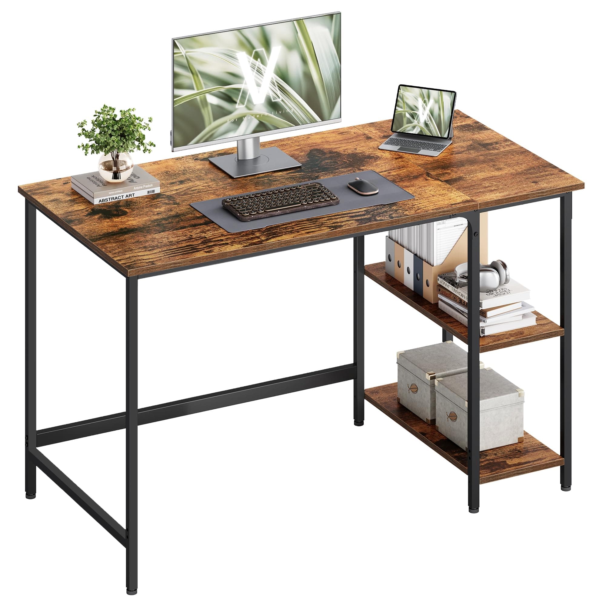 Computer Desk, Writing Desk with 2 Shelves on Left or Right, Work Table for Office Living Room, Steel Frame, Industrial, Rustic Brown and Black LWD47X