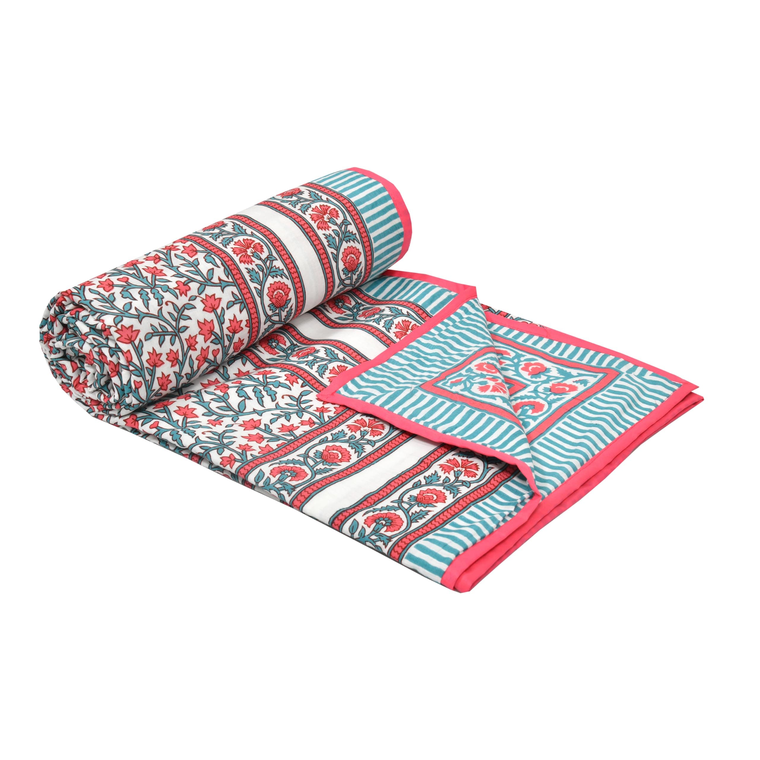 Hand Block Printed Cotton Single Size Reversible Malma Dohar for Summer (Turquoise Pink JAAL)