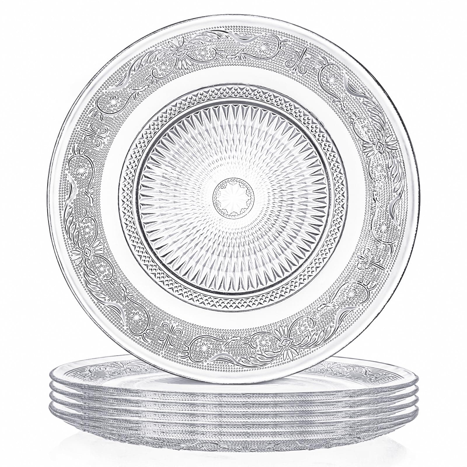 6 Pack 10 Inch Large Glass Dinner Plate, Clear Round Serving Plate Vintage Embossed Dinnerware for Salad, Pasta, Fruits