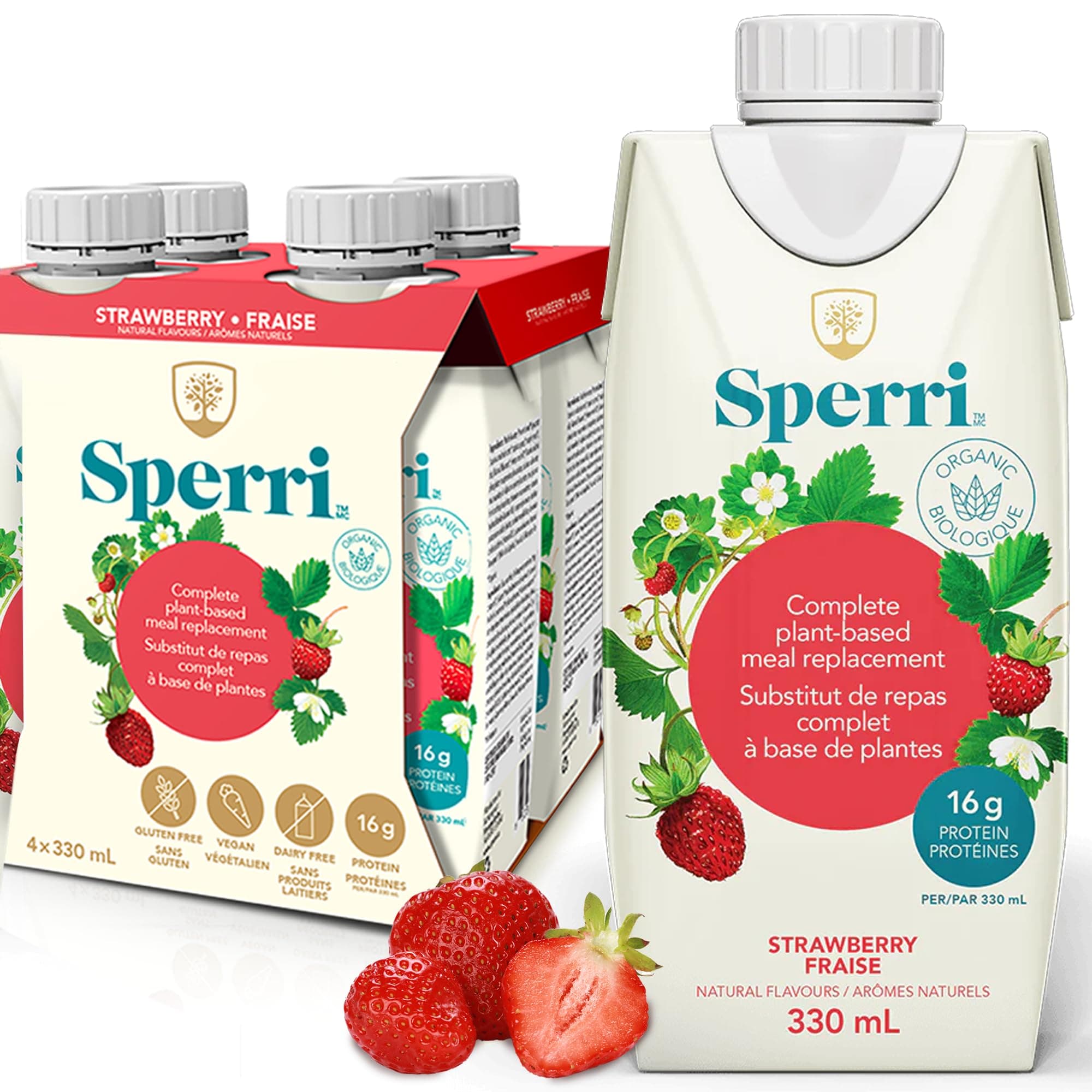 Sperri Complete Plant-based Meal Replacement Shake - Organic Vegan Protein Drink Made with Hemp & Pea Protein – Gluten-Free Dairy-Free Ready to Drink Nutrition Shake - Strawberry 330 mL (12 Pack)
