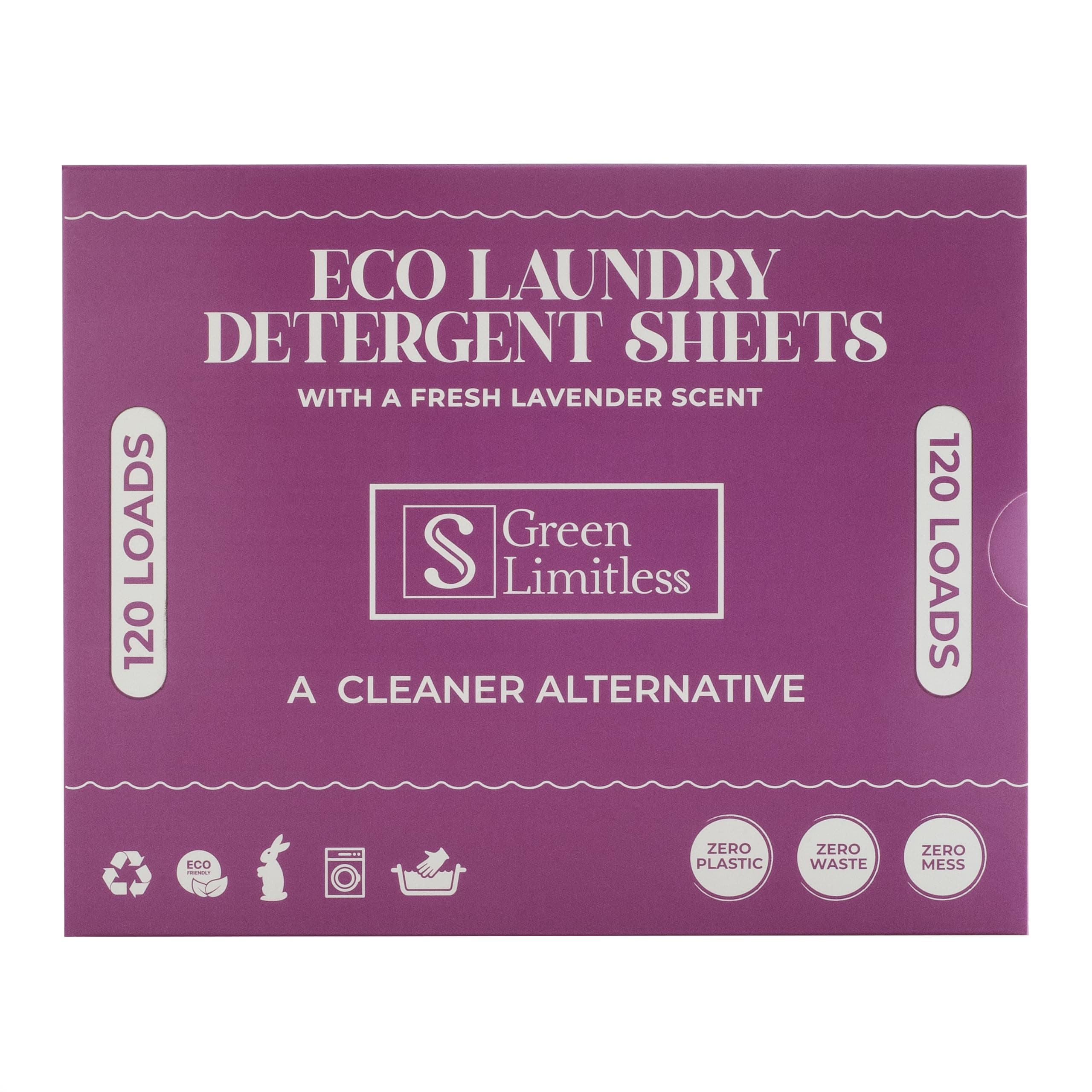 Green Limitless Eco Laundry Detergent 120 Sheets (Loads) with A Lavender Scent. All the benefits of a liquid detergent, washing powder, or washing pods without any of the drawbacks.