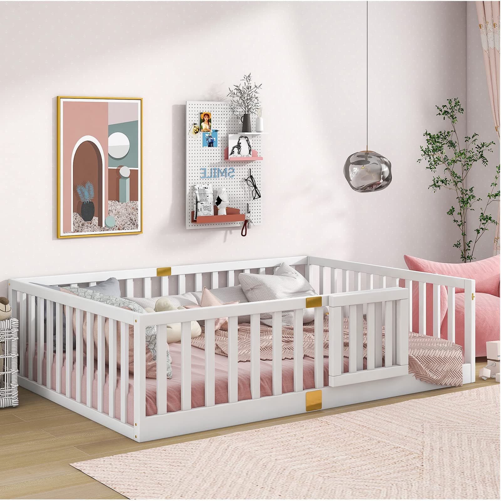 Tatub Full Montessori Floor Bed with High Rails, Solid Wood Montessori Bed Frame for Kids, Door Can Install Left and Right, Full-White
