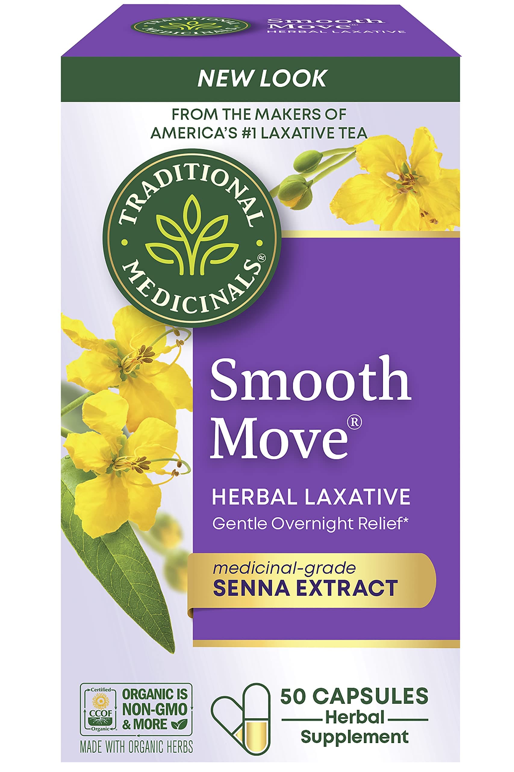 Smooth Move Laxative Capsules - Contains Organic Senna - Natural Herbal Constipation Relief - 50 Capsules (1 Pack)