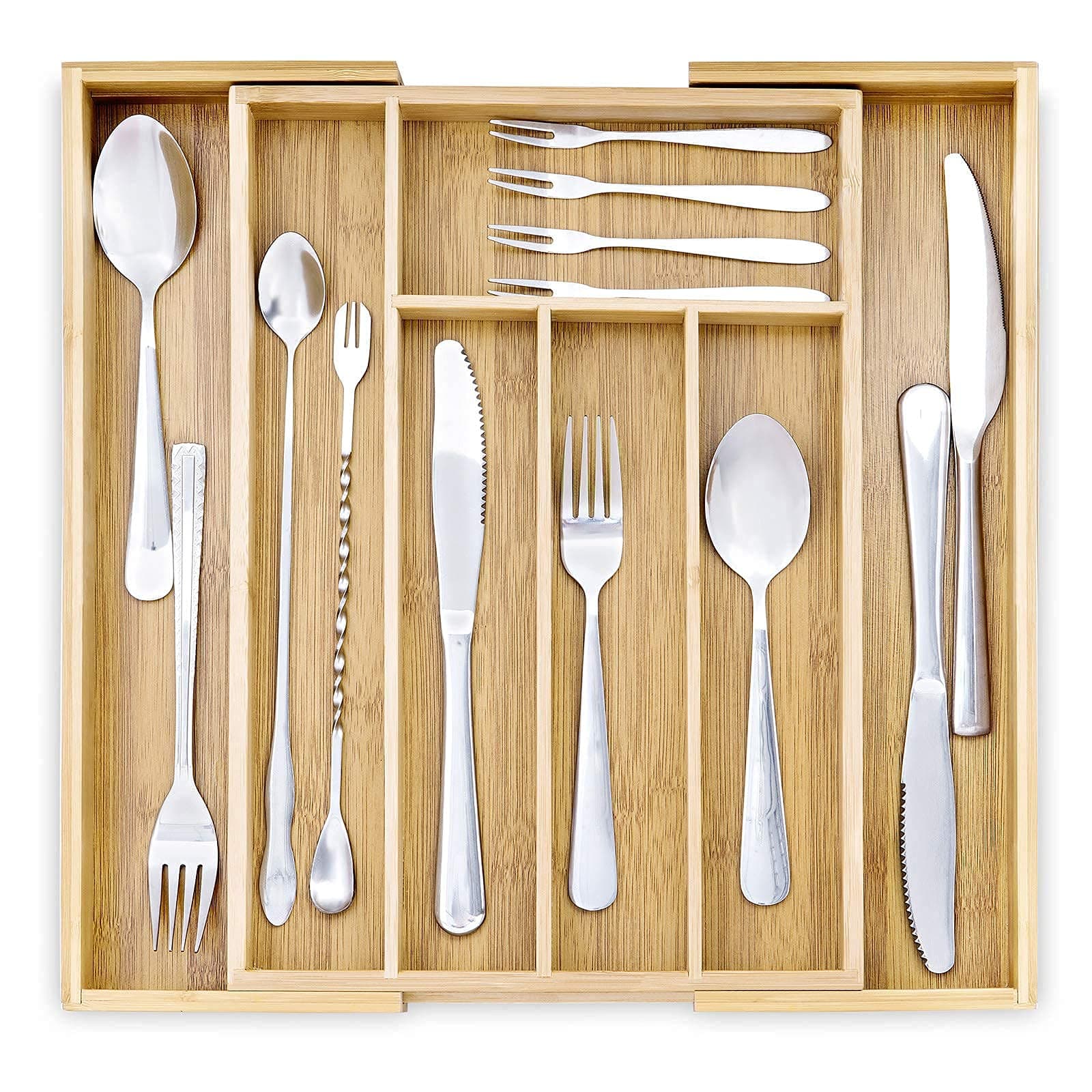 WuGeShop Bamboo Kitchen Drawer Organizer, Expandable Silverware Utensil Organizer, 7 Compartment Adjustable Flatware Cutlery Tray, Wood Drawer Utensils Holder