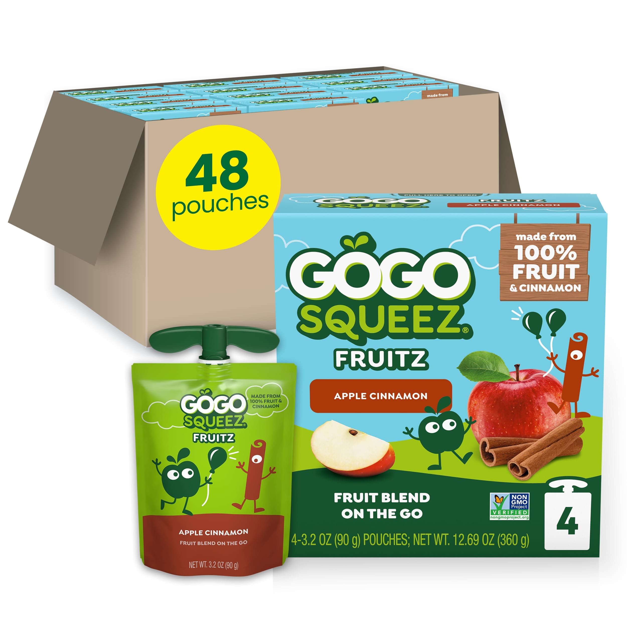 No Sugar Added Applesauce and Fruit Puree, Apple Cinnamon, 3.2 oz Pouches (Pack of 48), Fruit Snacks for Kids, Gluten Free, Nut Free, Recloseable Cap, BPA Free