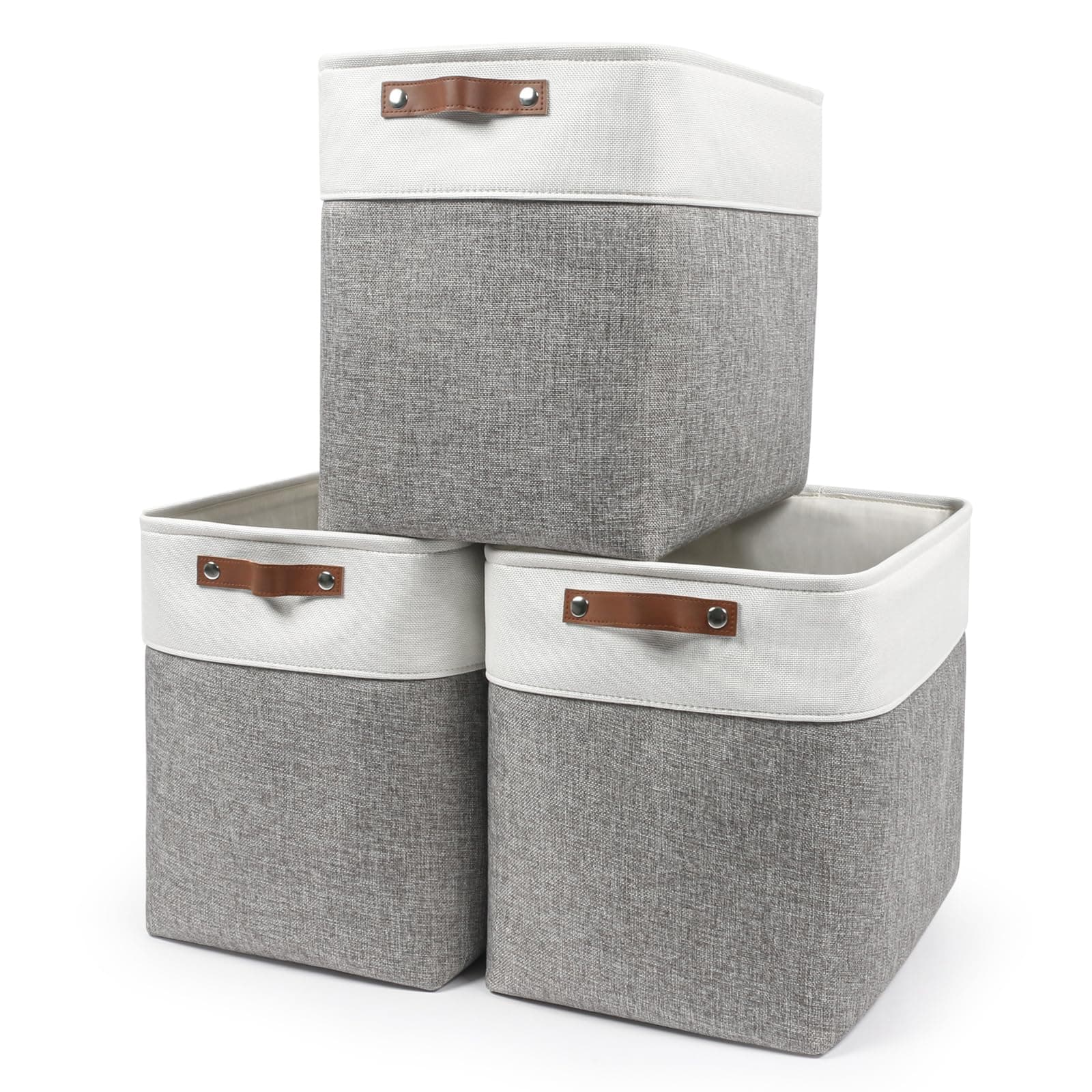 Large Fabric Storage Baskets | 50L Storage Bins, Decorative Linen Closet Baskets with Handles for Organizing, Shelf, Toys, Clothes, Home, Office, Nursery, 17x12x15Inches (Grey&White)