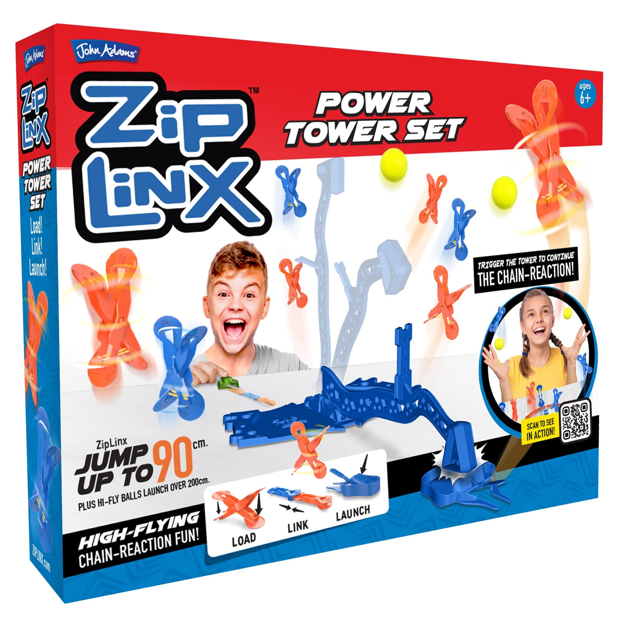 John Adams | ZipLinx - Power Tower Set: high-flying chain-reaction fun! | Jumping Domino Action | Domino and Tile Games | Ages 6+,Red