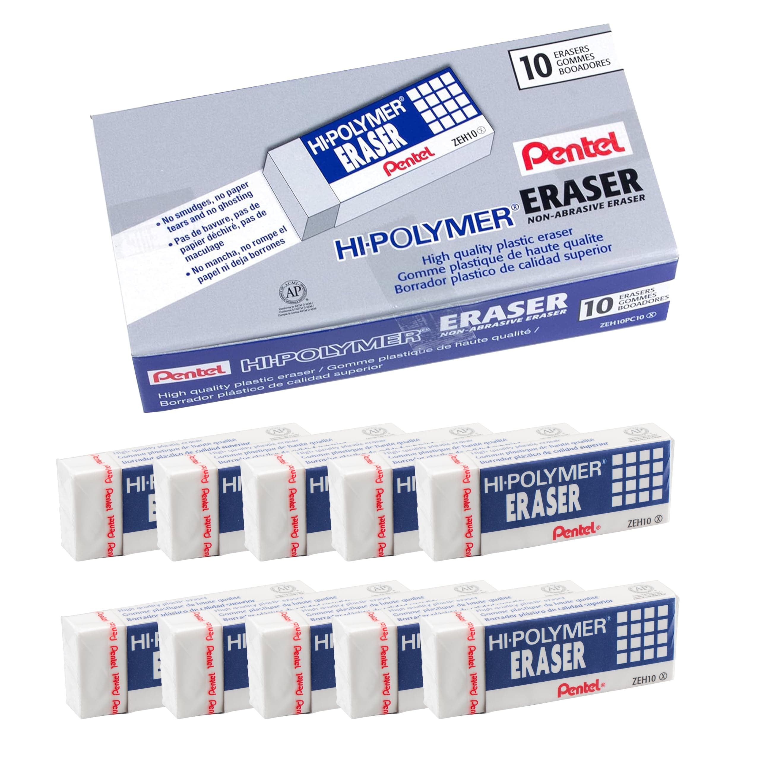 Hi-Polymer Block Eraser, Large, White, Pack of 10 Erasers