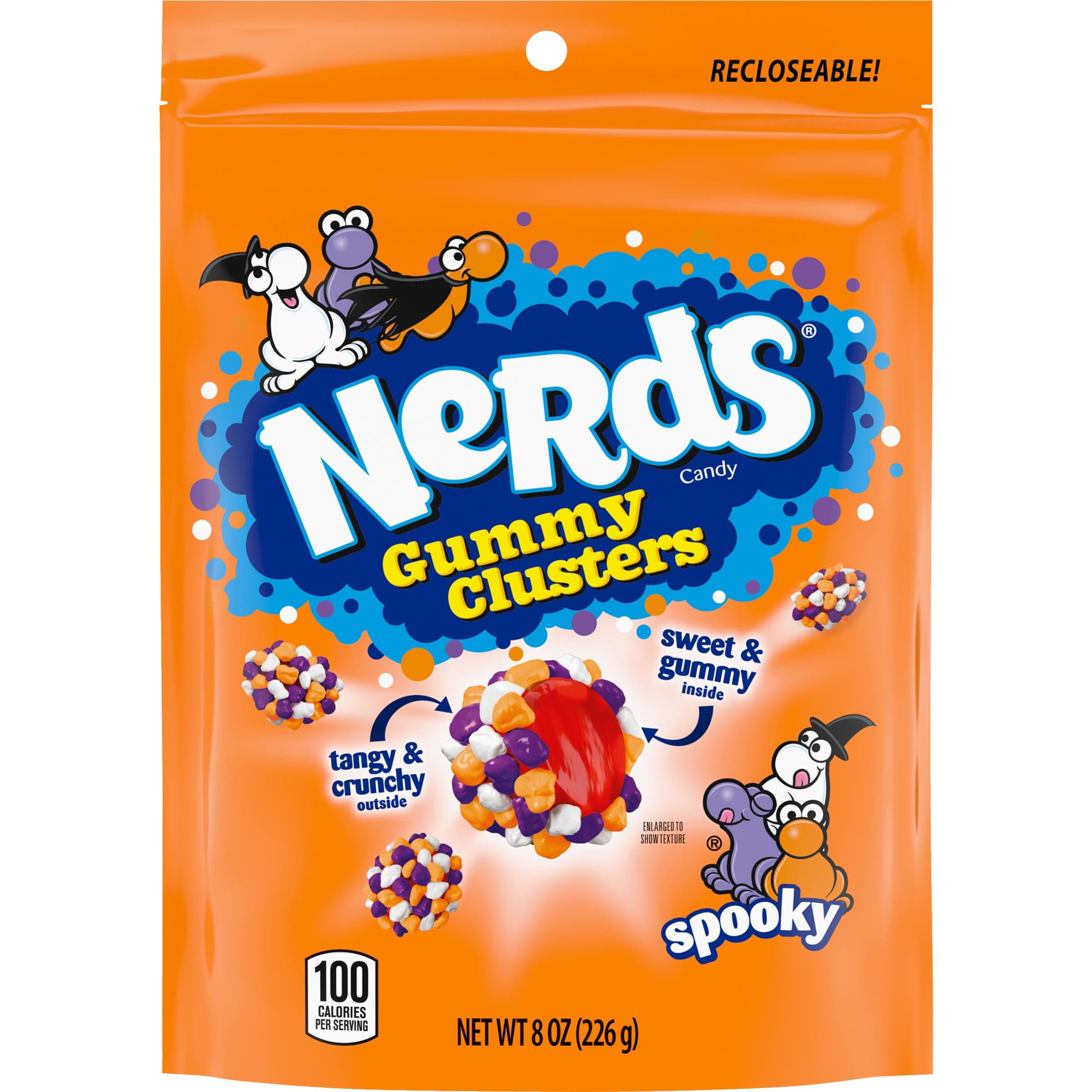 Nerds Spooky Gummy Clusters、ハロウィンキャンディ、オタクグミキャンディ、8オンスおやつ再密封可能ポーチ