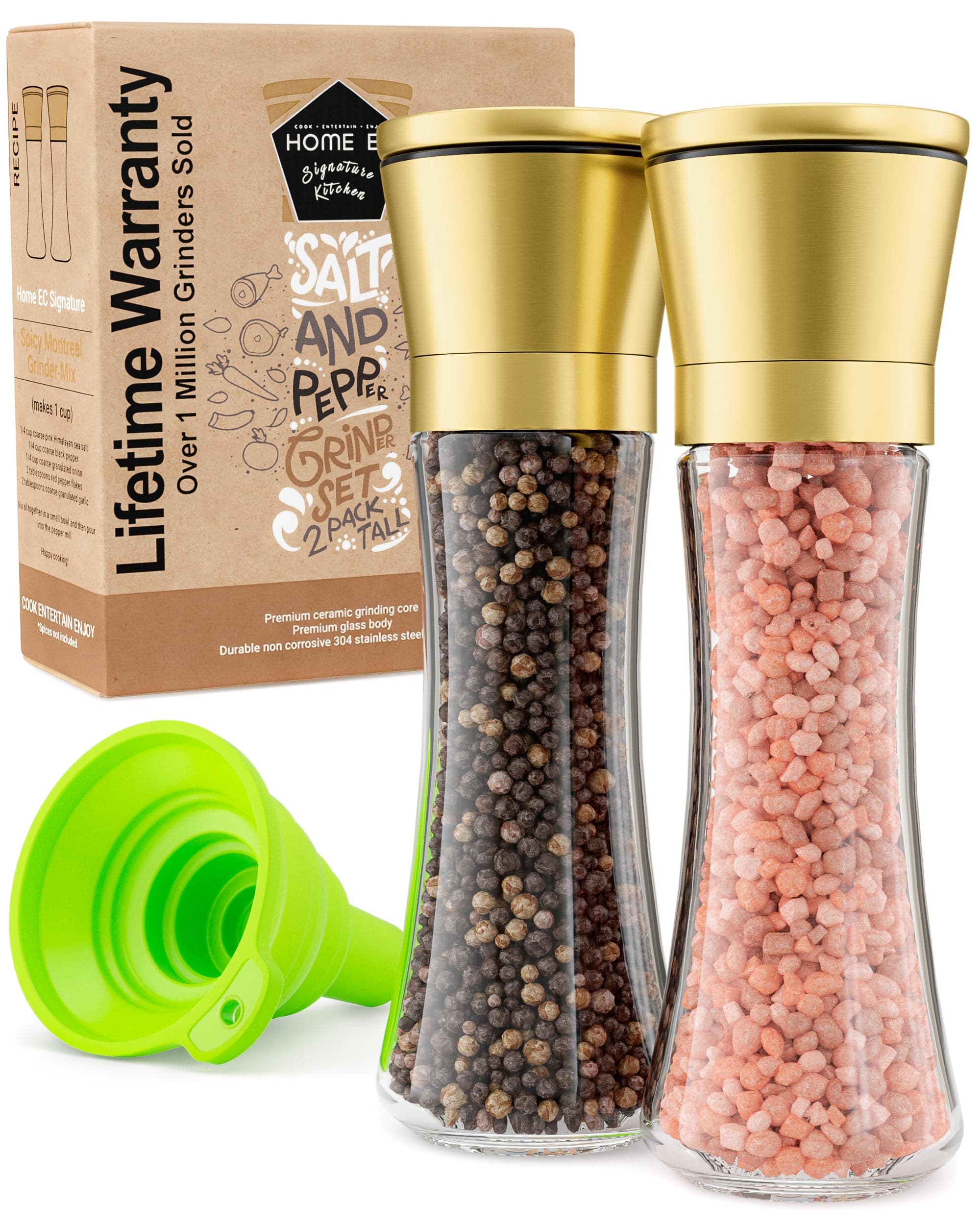 Home EC Original Gold Salt and Pepper Grinder Set of 2 - Adjustable Ceramic Grinder - Tall Glass Salt and Pepper Shakers With Funnel and Ebook - Kitchen Spice Mill - Gold Kitchen Accessories