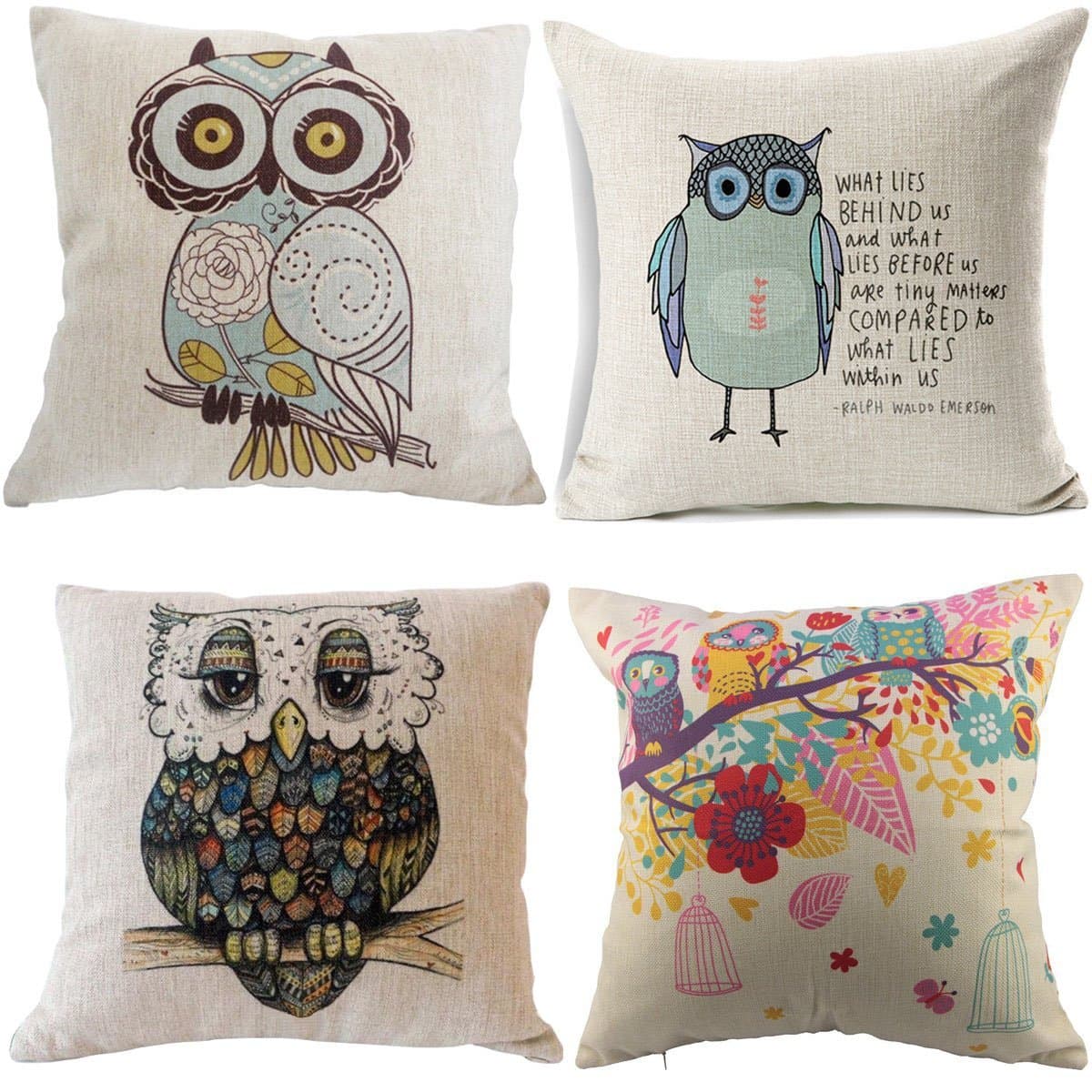 4 X Owls Pattern Cotton Linen Pillow Cover Square