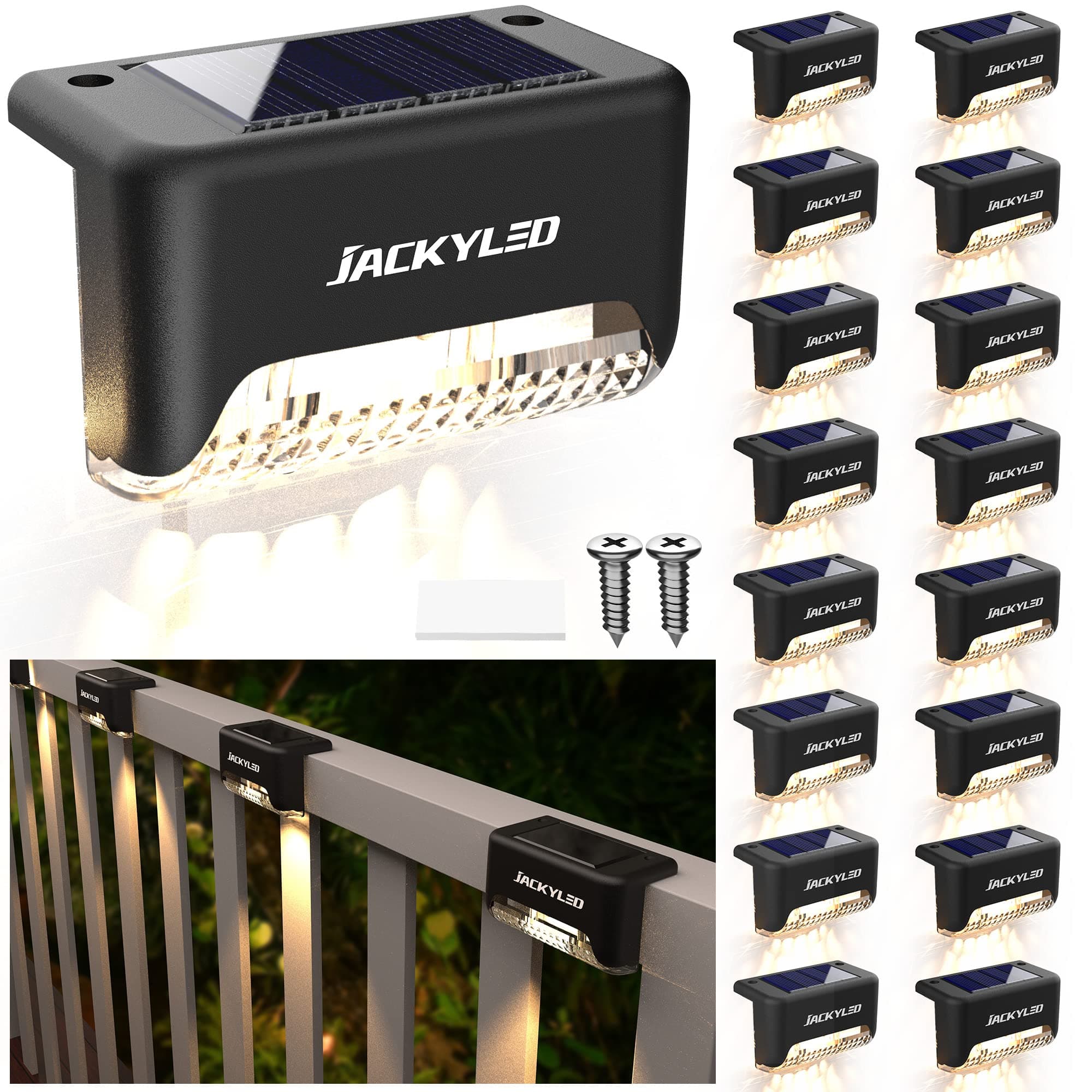 16 Pack, Step Lights Waterproof LED Solar Power Outdoor Fence Light for Deck Stair Railing, Outside Lighting for Wall Garden Backyard Patio Balcony Decor, ABS, White, 79 x 43 x 48 mm